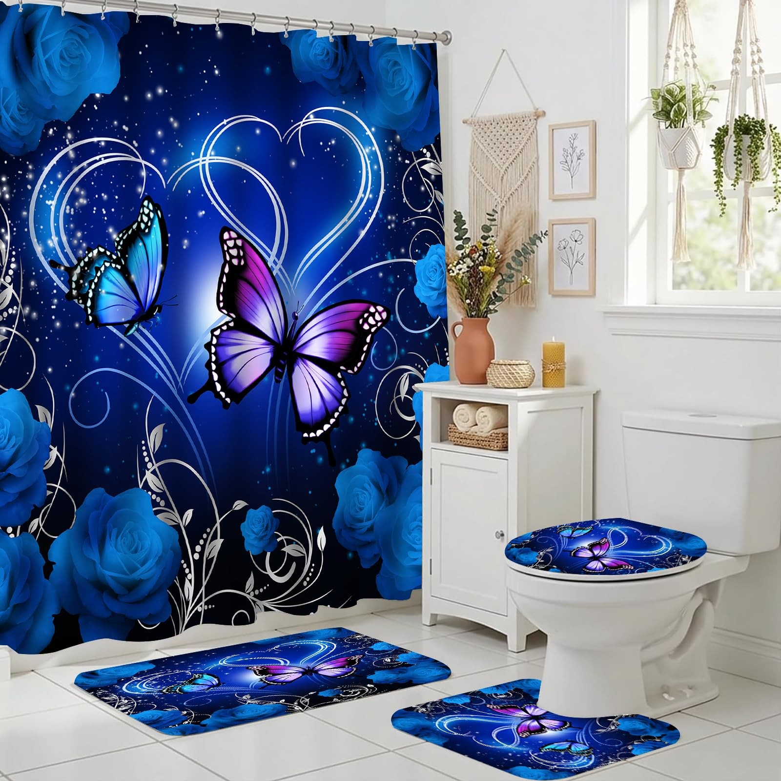 Floral Butterfly Shower Curtain Set 4PCS Bathroom Decor with Rugs,Navy Blue
