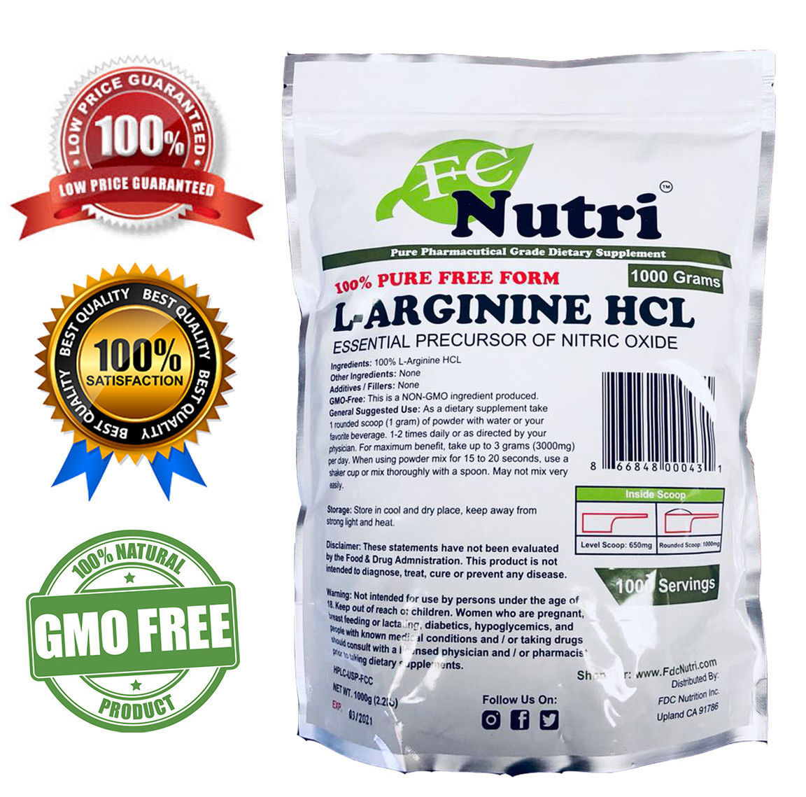 Creatine Monohydrate + Arginine HCL 100% Pure Powder 1000g (2.2 lb) Micronized