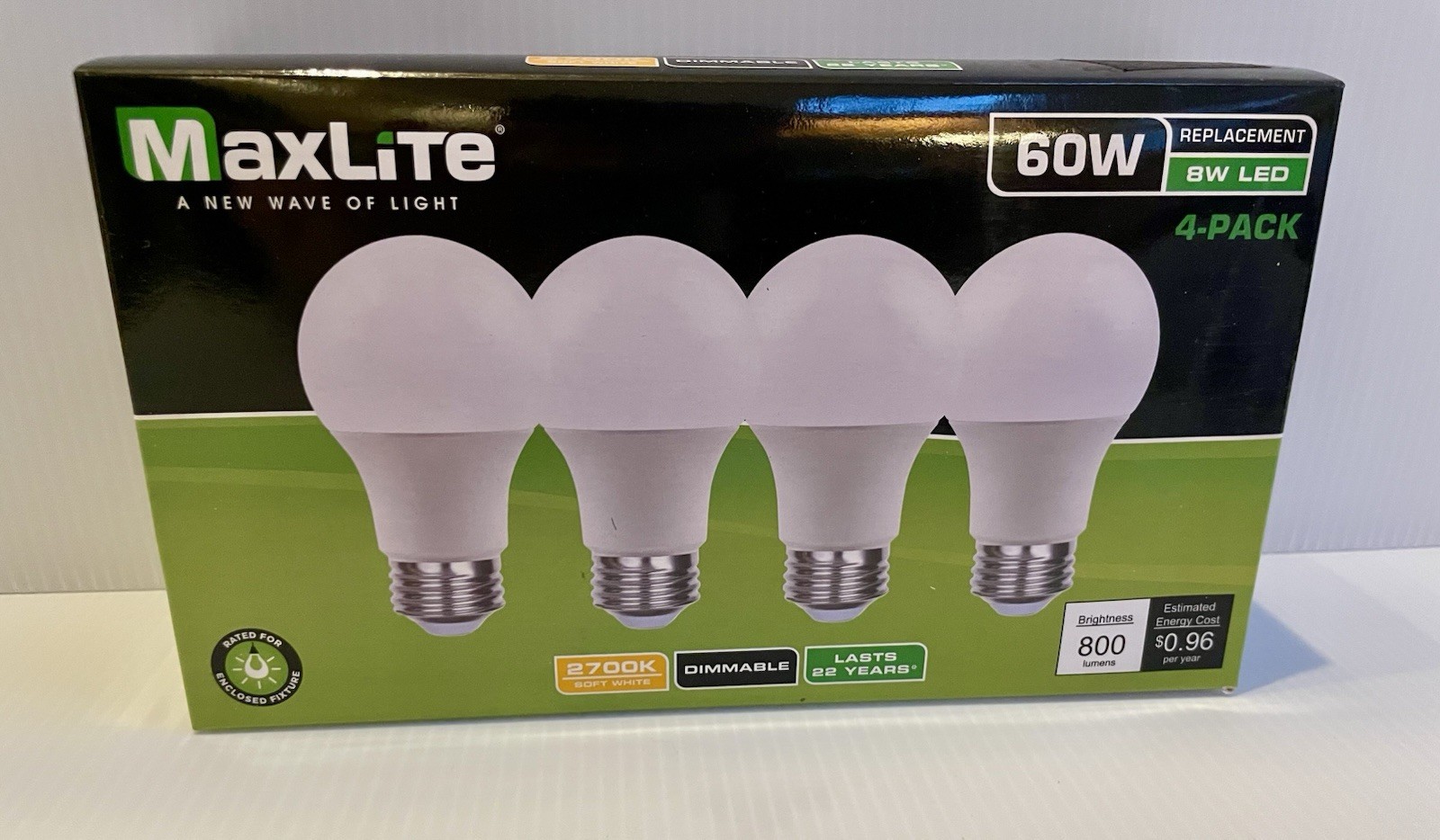 4 PACK OF MAXLITE 8W LED BULBS, A19, SOFT WHITE 2700K, DIMMABLE, 800 LUMENS, 60W