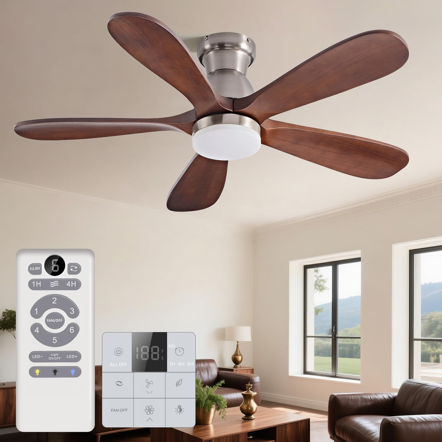 42 Inch Solid Wood Ceiling Fans with Lights Flush Mount, Remote Control and Wall