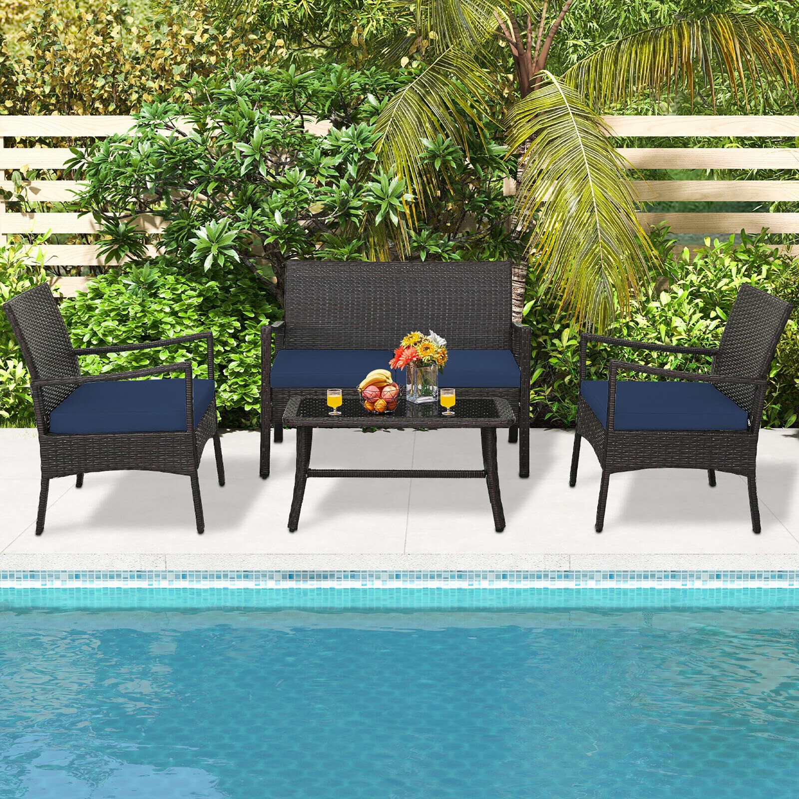 4 Pieces Patio PE Wicker Sofa w/Tempered Glass Coffee Table for Porch & Backyard