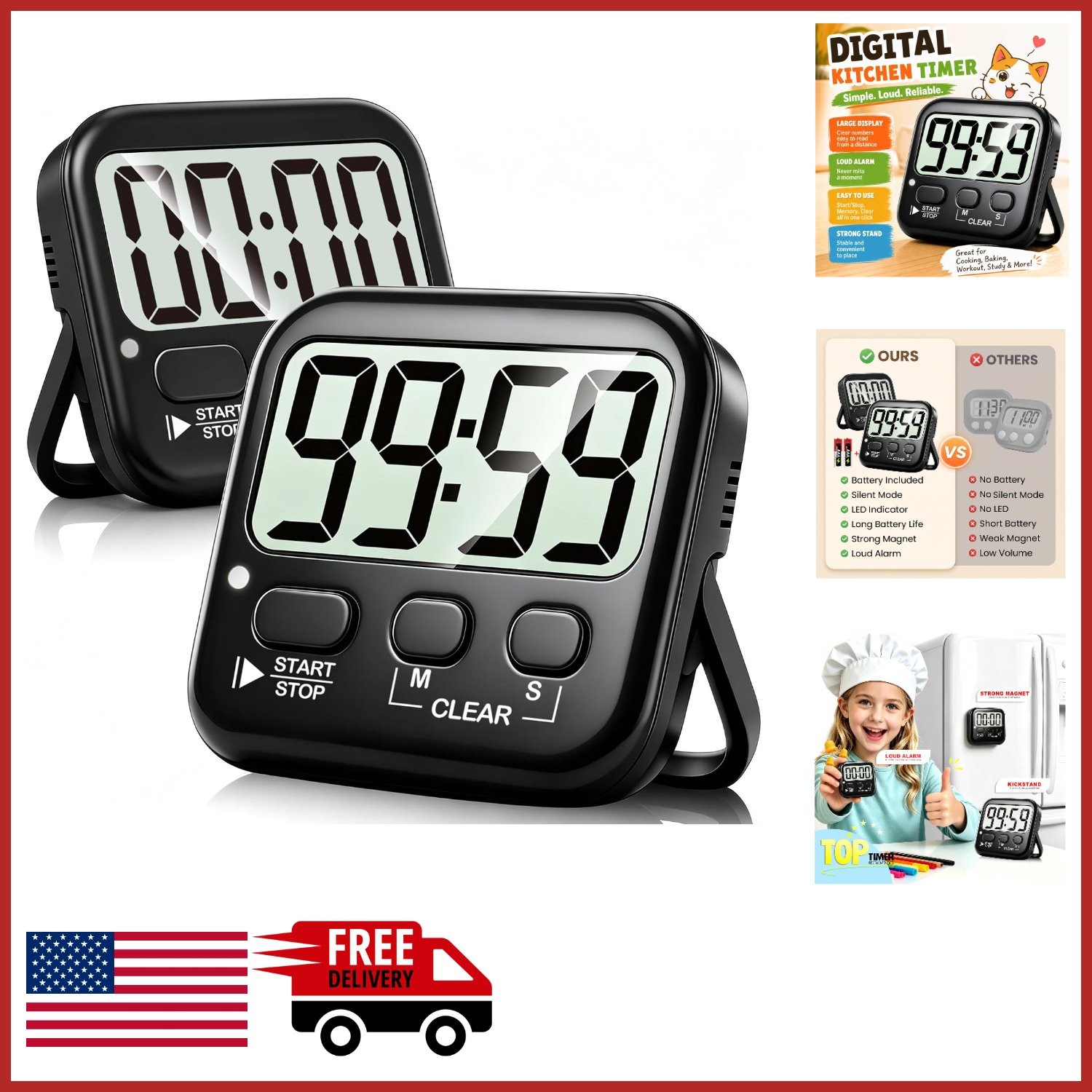 Digital Kitchen Timer 2 Pack for Cooking Classroom with Magnetic Kickstand