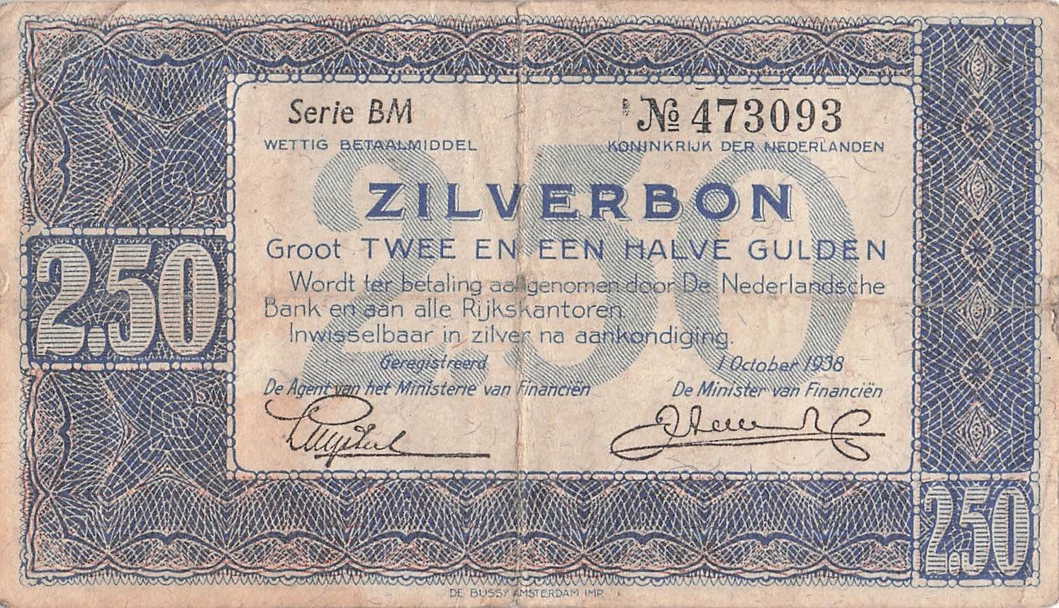 Netherlands  2.50  Gulden  1.10.1938  Series  BM  Circulated Banknote QZ 43