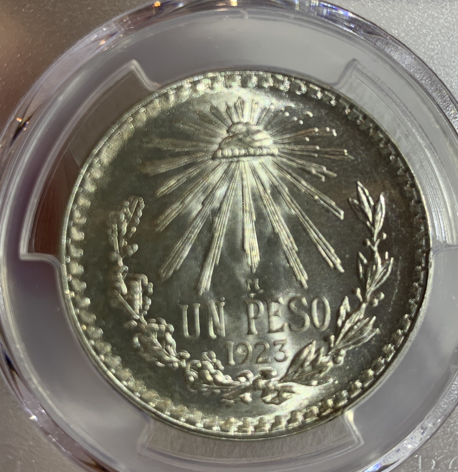 1923 MEXICO UN PESO SILVER COIN PCGS MS66+