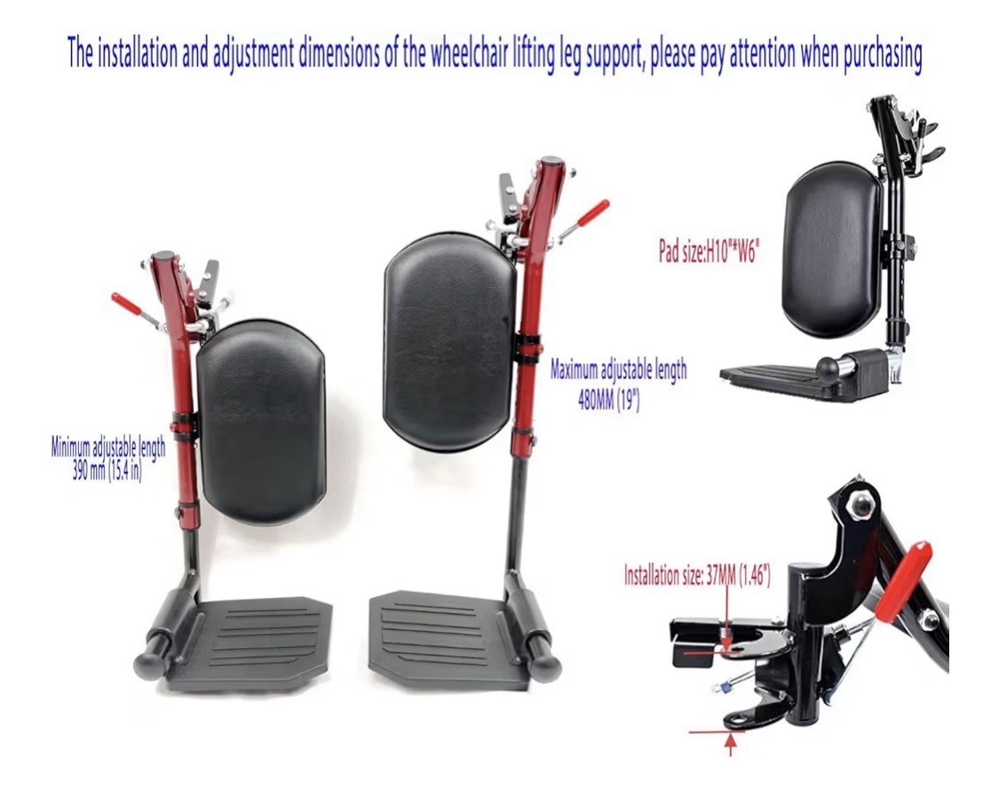Red Wheelchair elevating Leg Rests w/Calf pad Non-Slip Footplates Compatible W/