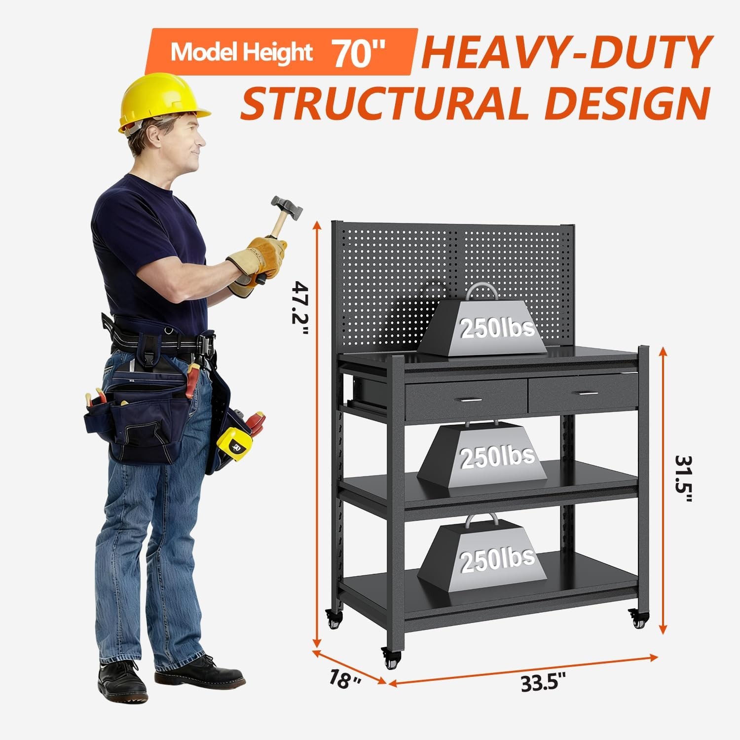 Workbench W/ Pegboard & Drawer Adjustable Shelving Work Table Mobile Workstation