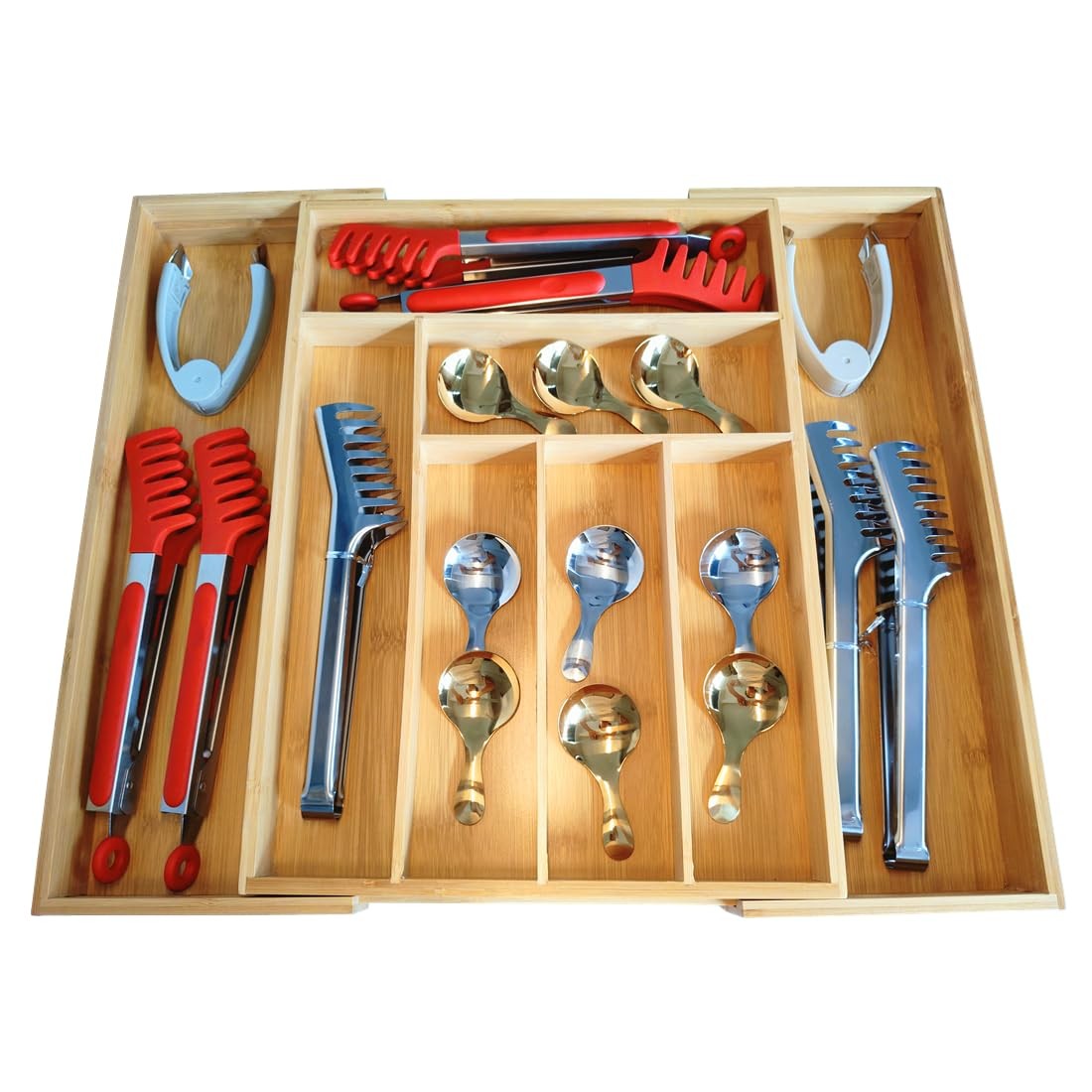 Adjustable Bamboo Drawer Organizer, Expandable Silverware Natural