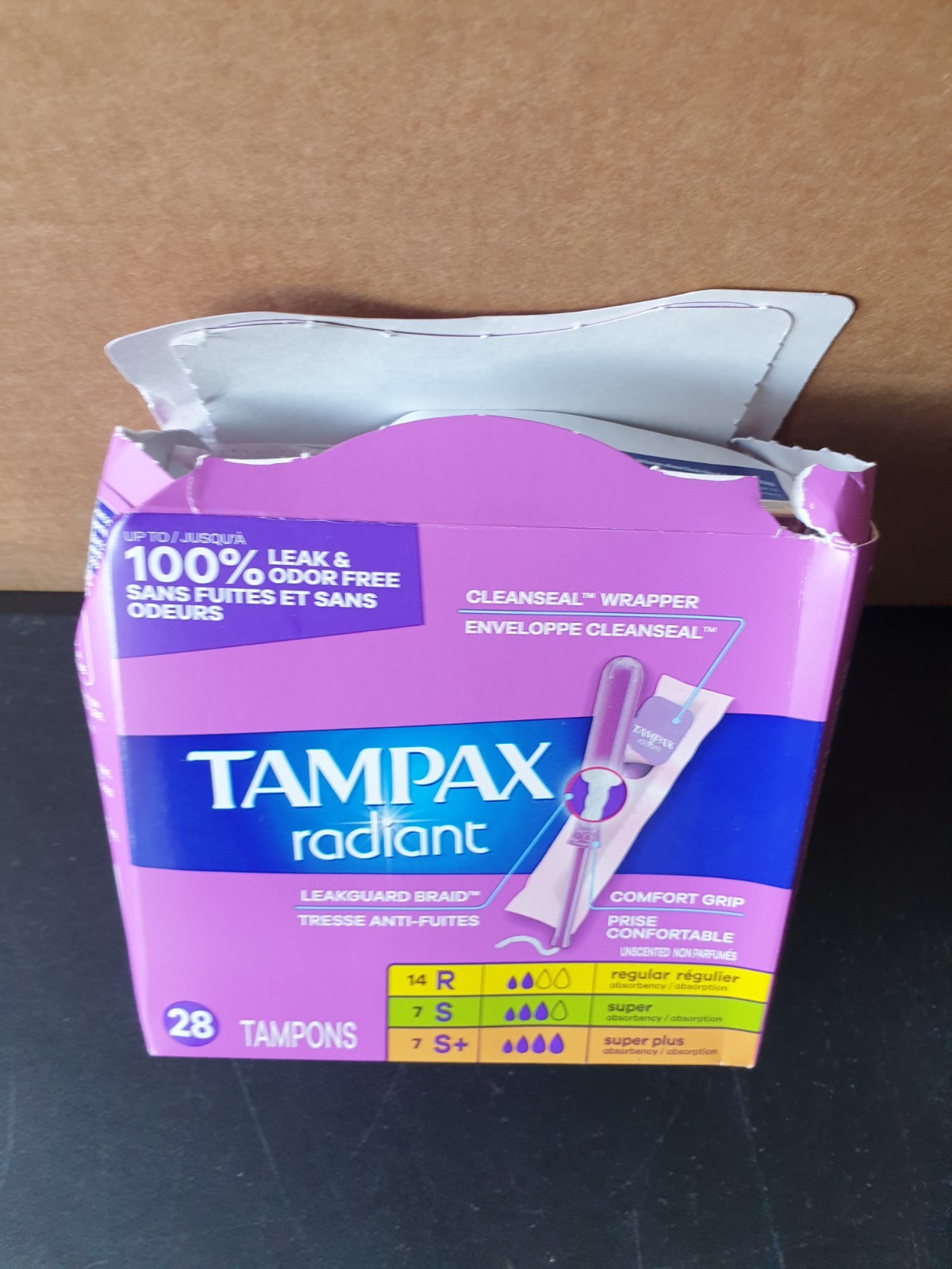 Tampax Radiant Tampons LeakGuard Braid Regular/Super Absorbency 2-Pack Open Box