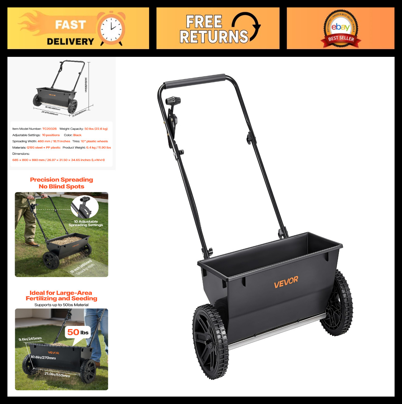 50LB Drop Spreader with 18" Width, 30 Settings, All-Terrain Tires for Lawn & Gar