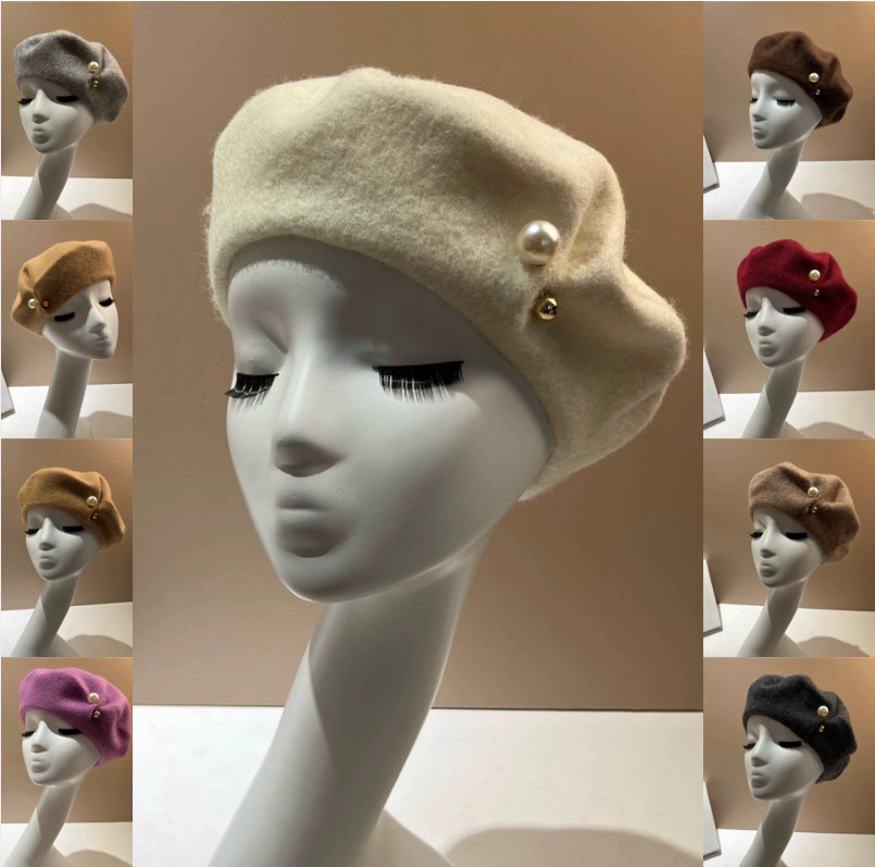 French Wool Pearl Beret Hat Women's Chic Vintage Painter Artist Minimalist Cap