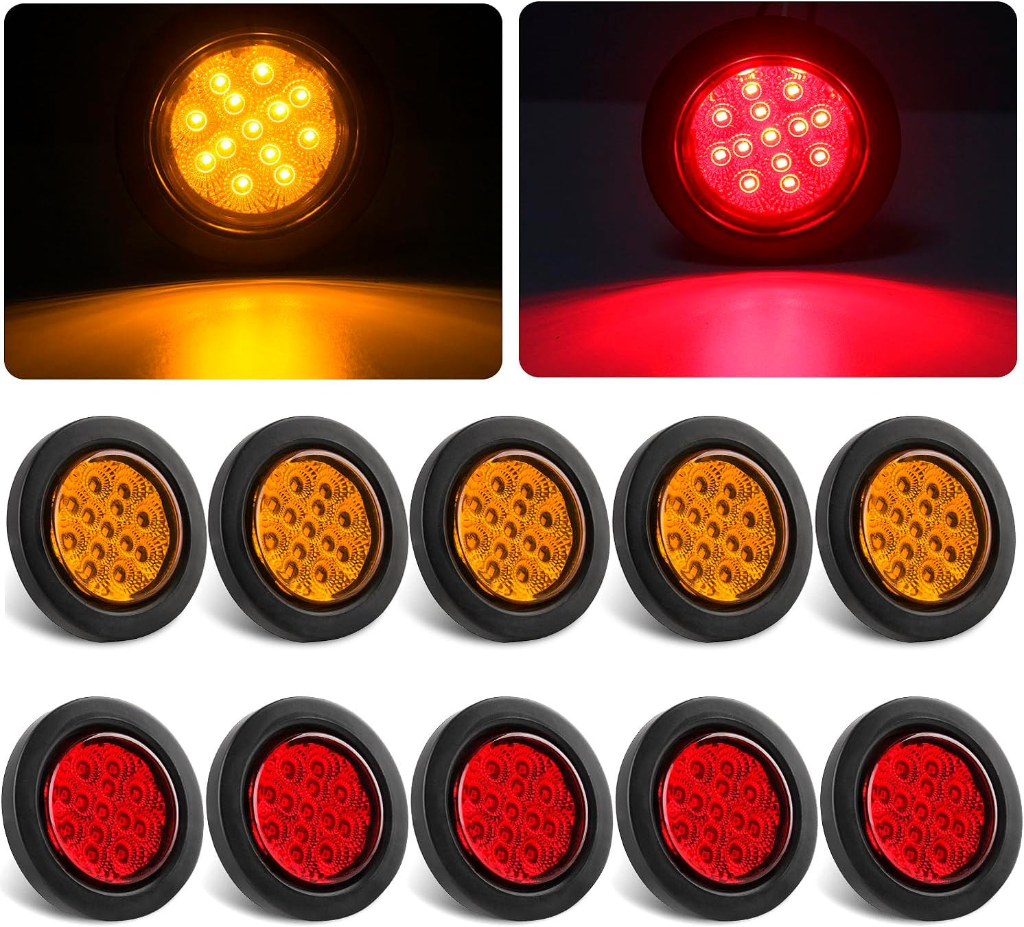 2.5" round LED Marker Lights 13 Leds W/Reflectors, 5 Amber + 5 Red 2 1/2" round