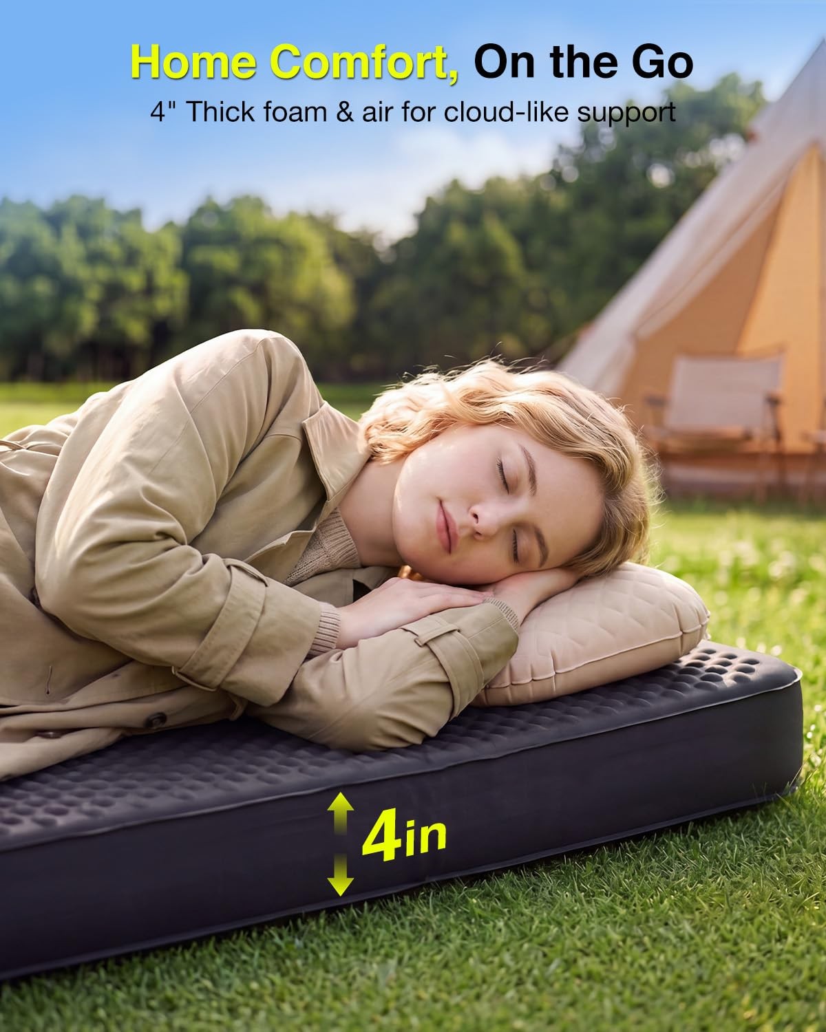 TaskStar 4" Self Inflating Sleeping Pad for Camping with 80''x30''x4'', Black