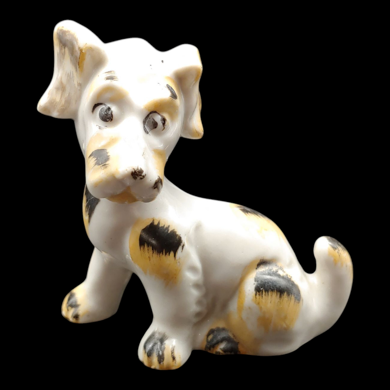 Spotted Porcelain Dog Figurine - 3" Small vtg Brown White Country Kitsch Japan