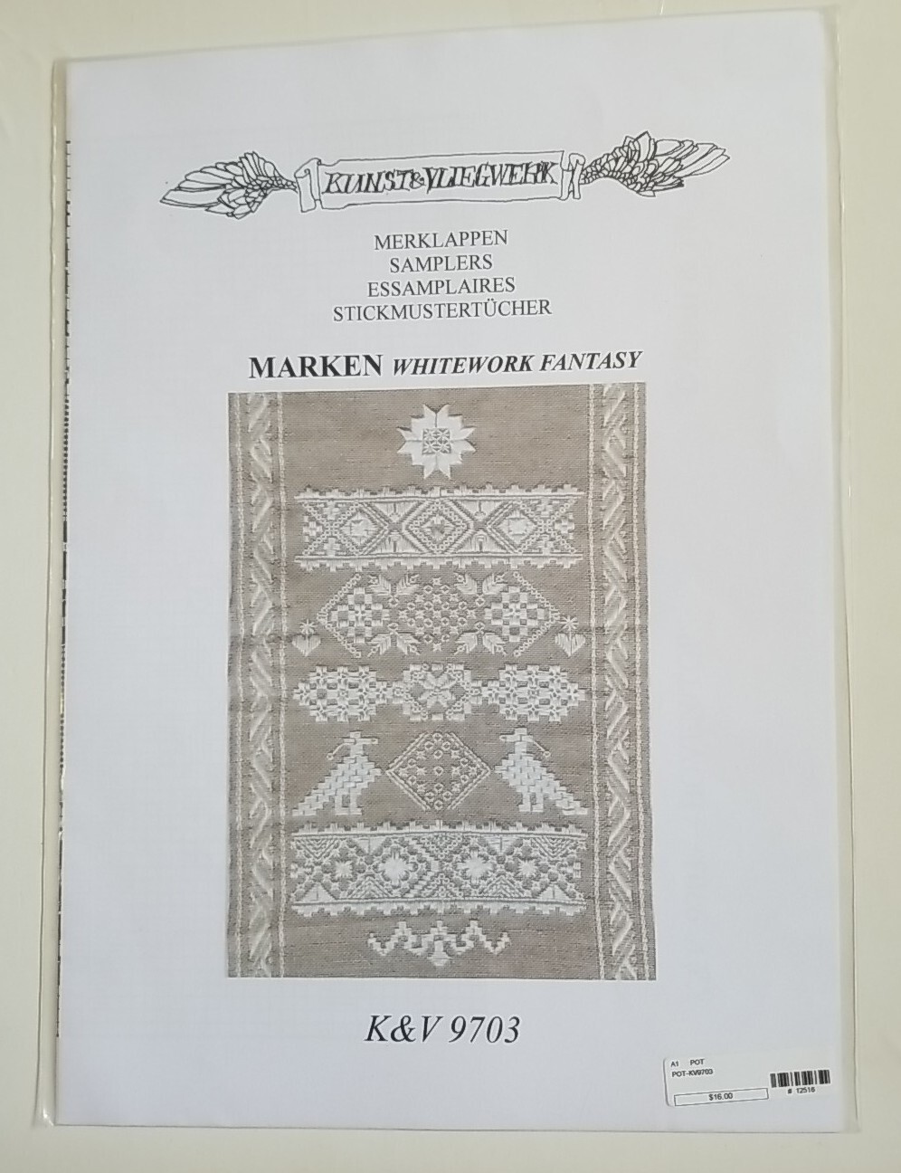Kunst & Vliegwerk Sampler Chart Marken Whitework Fantasy K&V 9703 New
