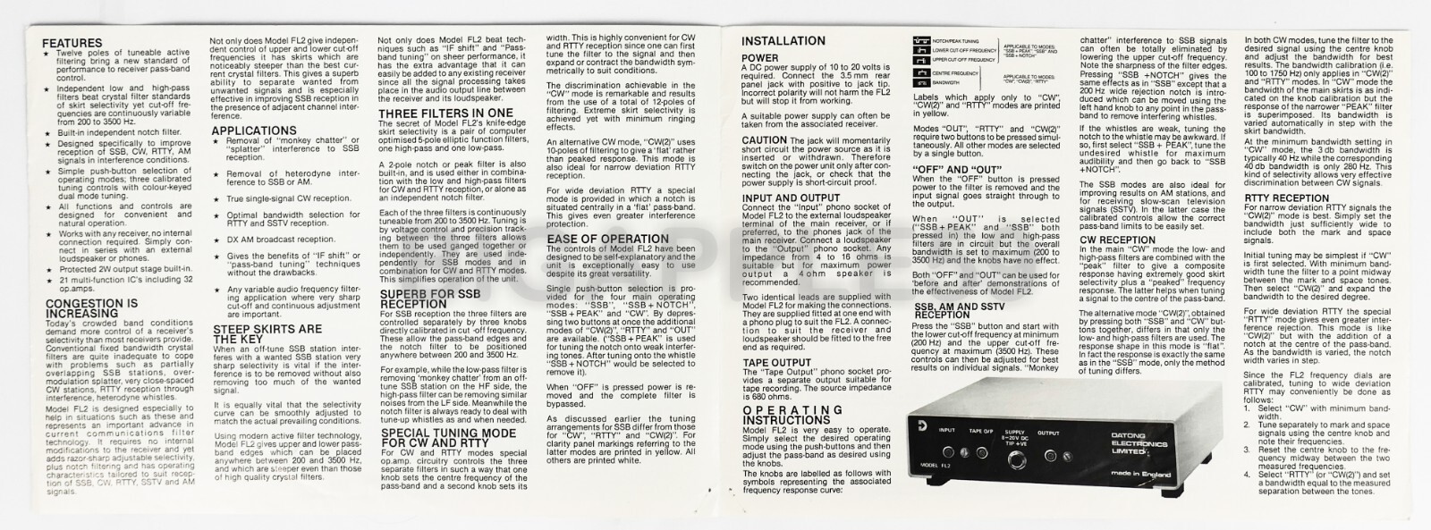Datong Electronics Model FL2 Multimode Audio Filter Brochure & User Manual #2