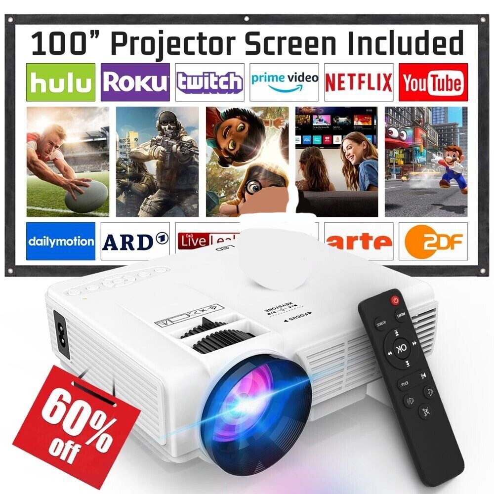 DR.J Professional Mini Projector with a  100" Screen Full HD HDMI