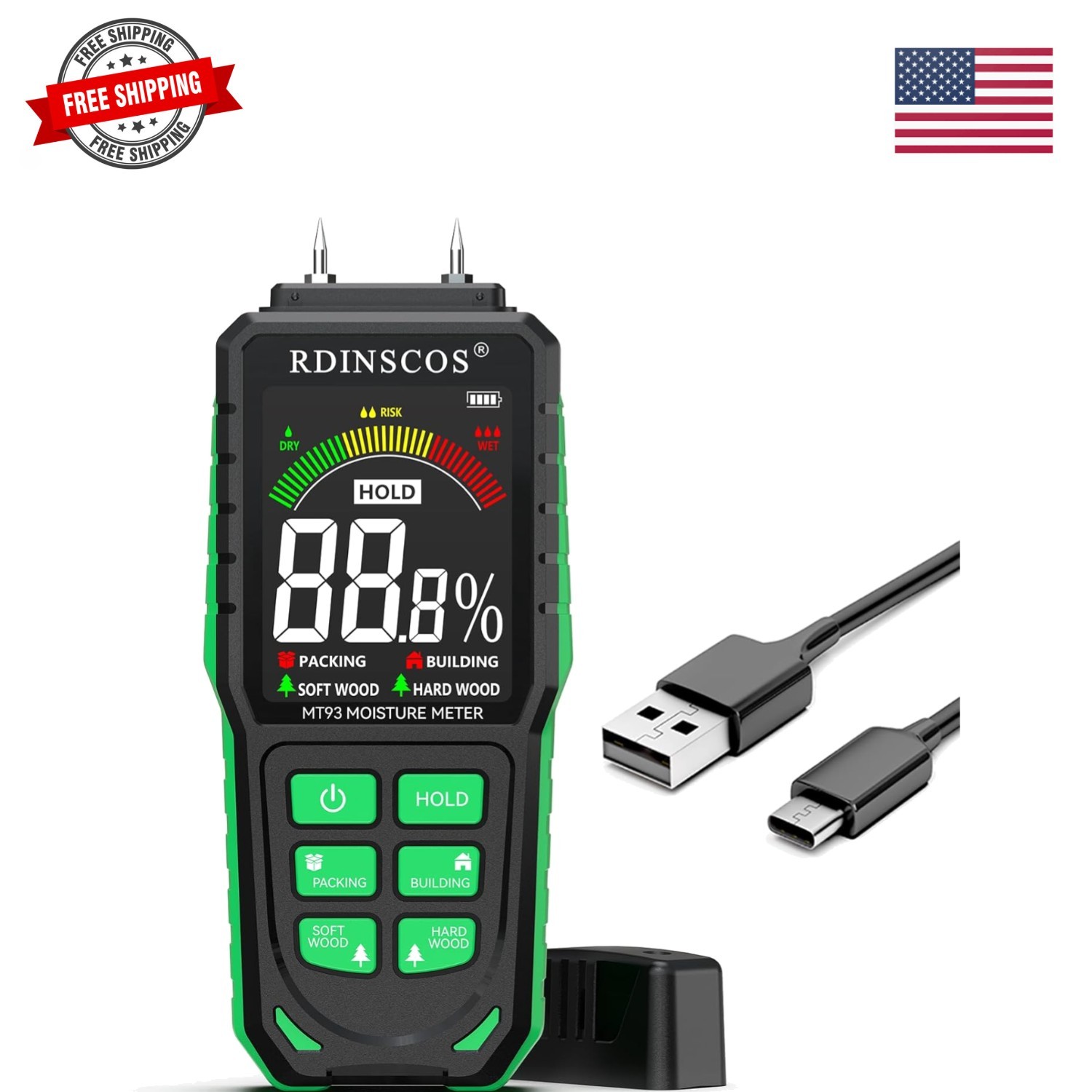 Rechargeable Moisture Meter for Wood, Walls & Hardwood | Pin-Type Digital Moi...