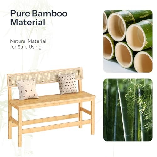 Dining Bench, Bamboo Farmhouse Entryway Bench with Back for Kitchen, Living