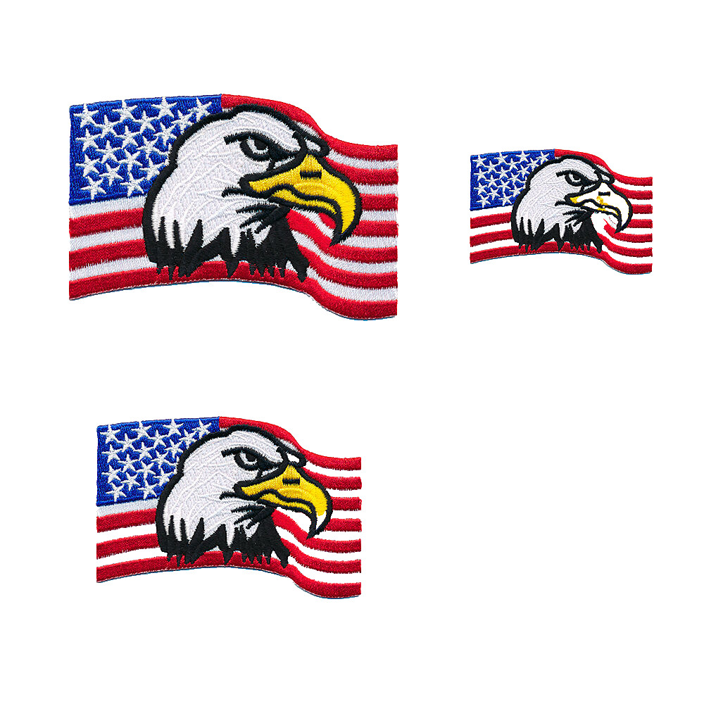 3 USA Flags with Eagle - Biker Trucker Quality Patch Iron On 0671