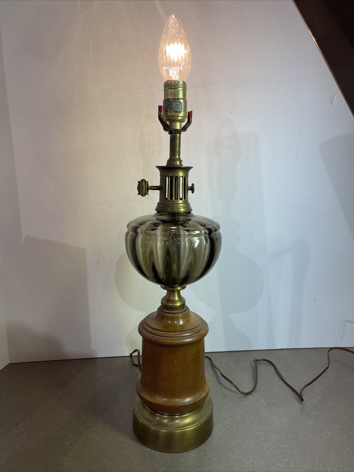 Vintage Mid Century Modern Brass Wood & gray glass westwood industries lamp 21”
