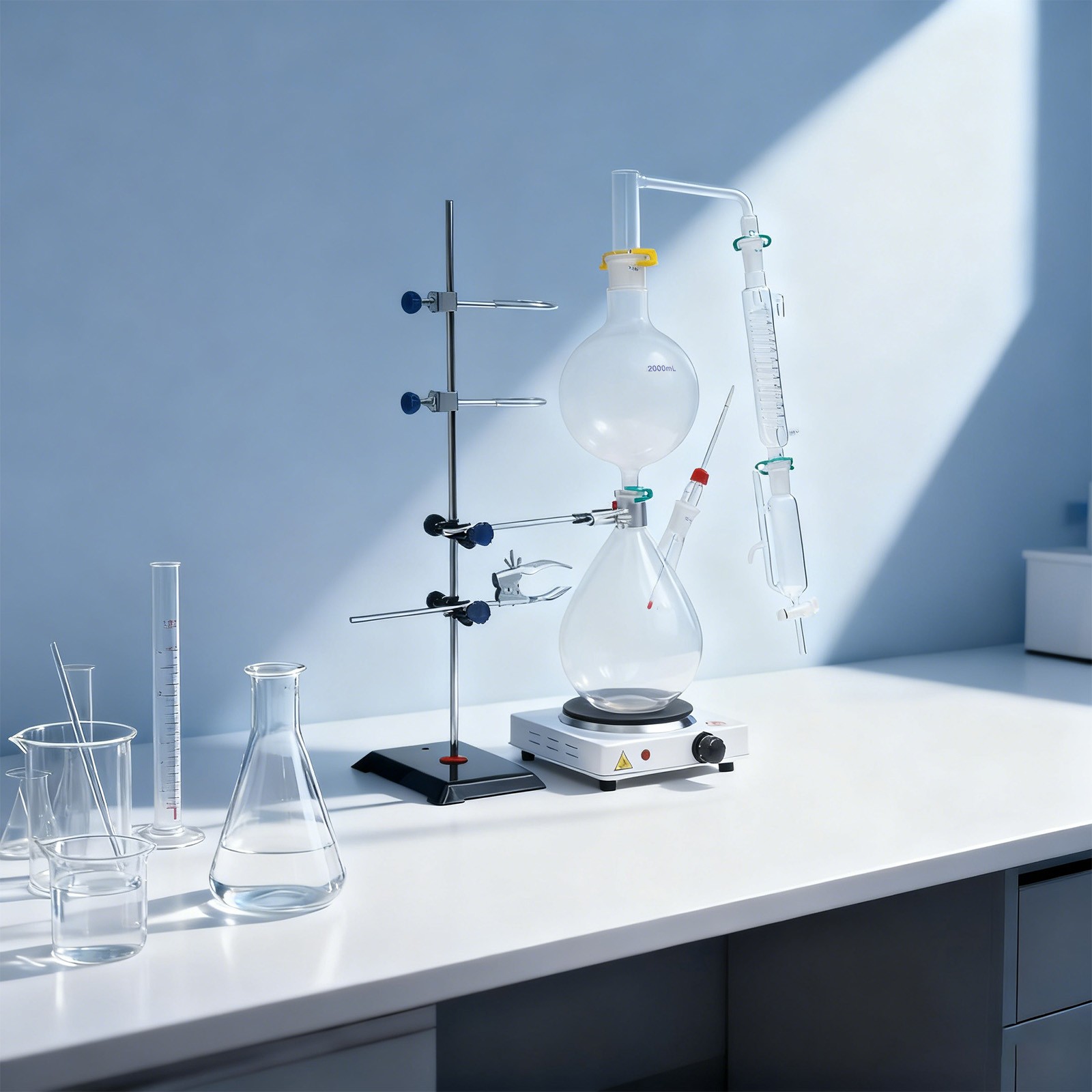 2000ml Glass Distillation Kit with 1000W Heating Plate Essential Oil Lab US Plug