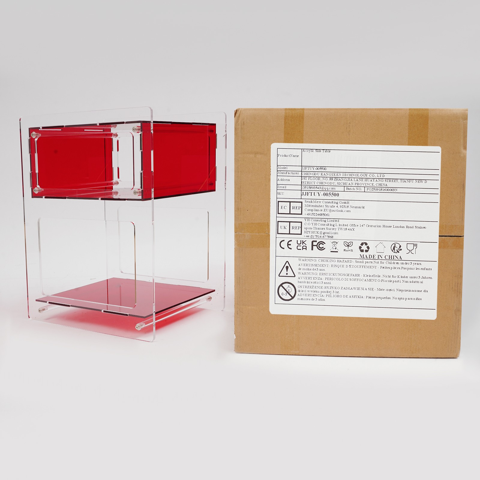 Red Acrylic Side Table, Acrylic Nightstand, Rectangle Storage Shelf