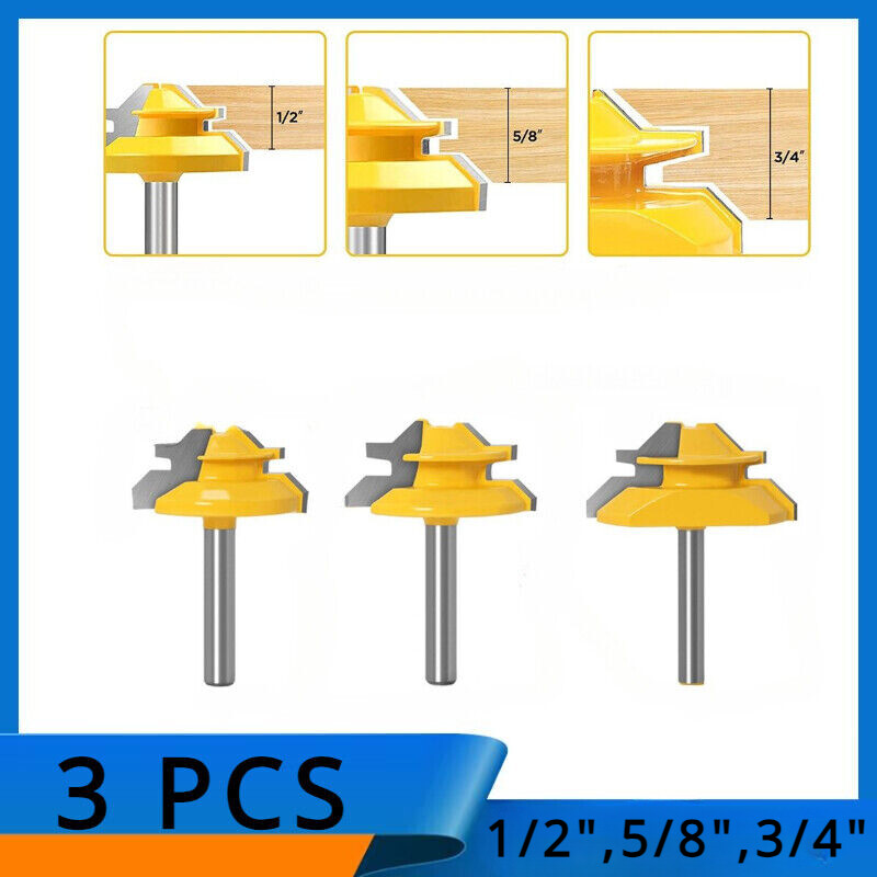 45 Degree 3PCS Lock Miter Router Bit Set,1/2",5/8",3/4" Cutting Height,1/4"Shank