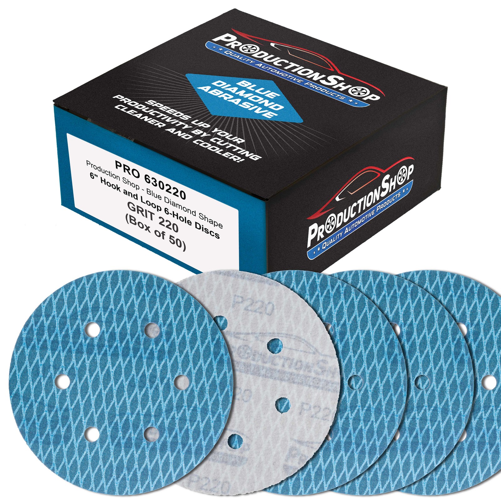 220 Grit 6" Diamond Shape Sanding Discs, 6-Hole, Box of 50 Hook & Loop Sandpaper