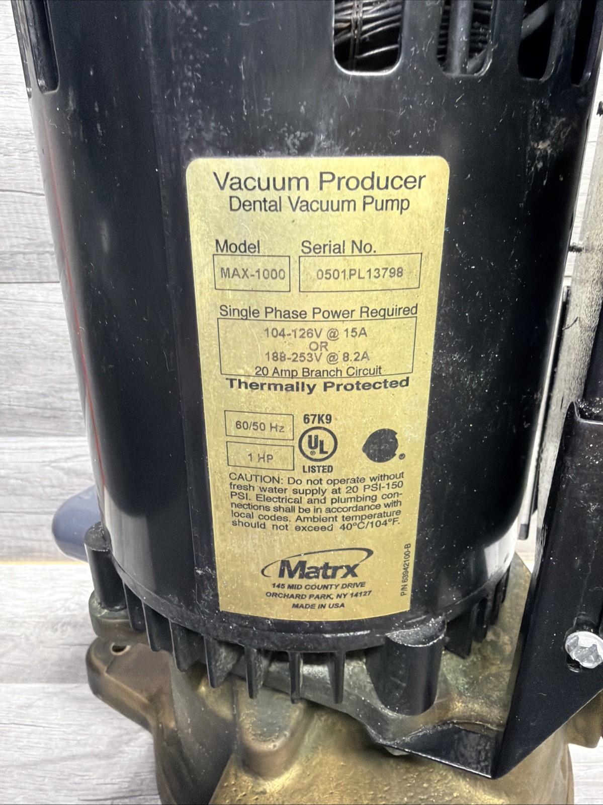 Matrx MAX-1000 Dental Vacuum Pump System Suction Unit - 1HP
