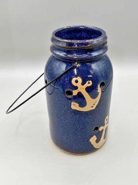 Rustic Garden Lantern Blue Ceramic w/Wire Handle Perforated Anchor Design