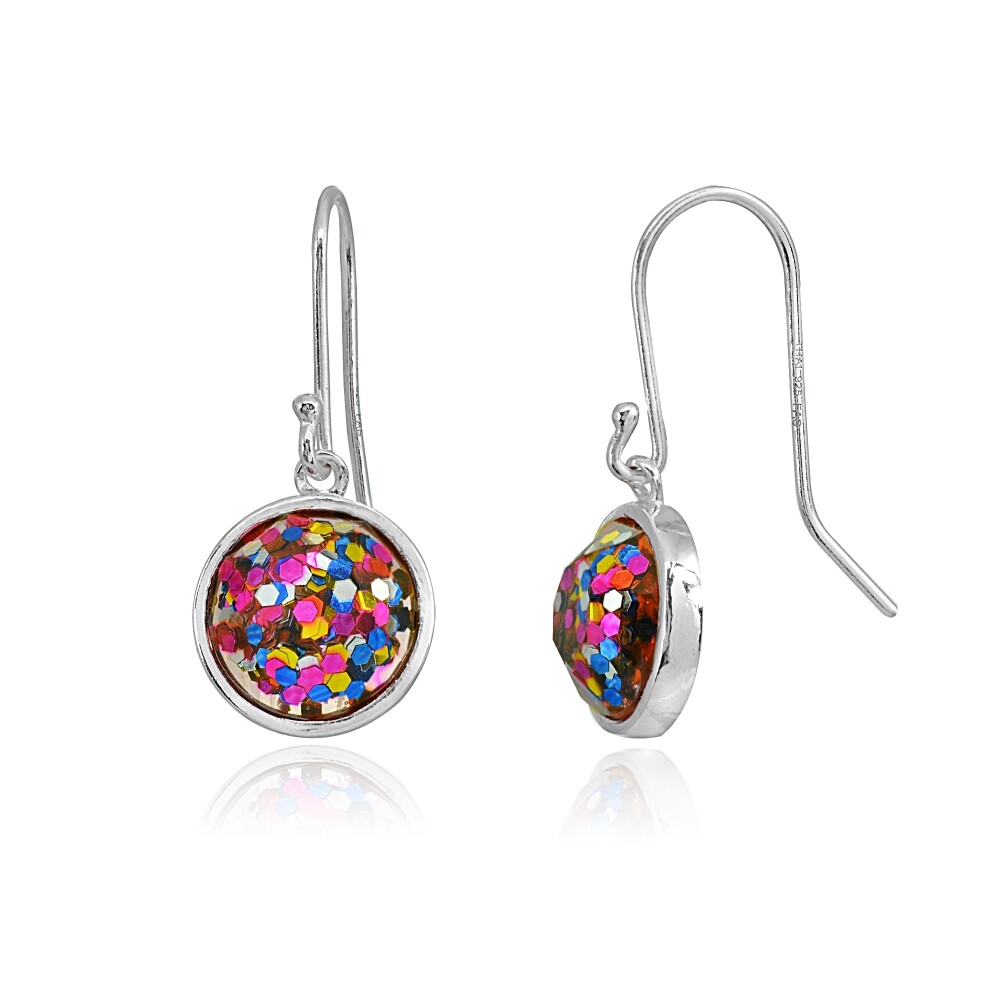 10mm Round Bezel-Set Multi Color Glitter Sterling Silver Dangle Earrings