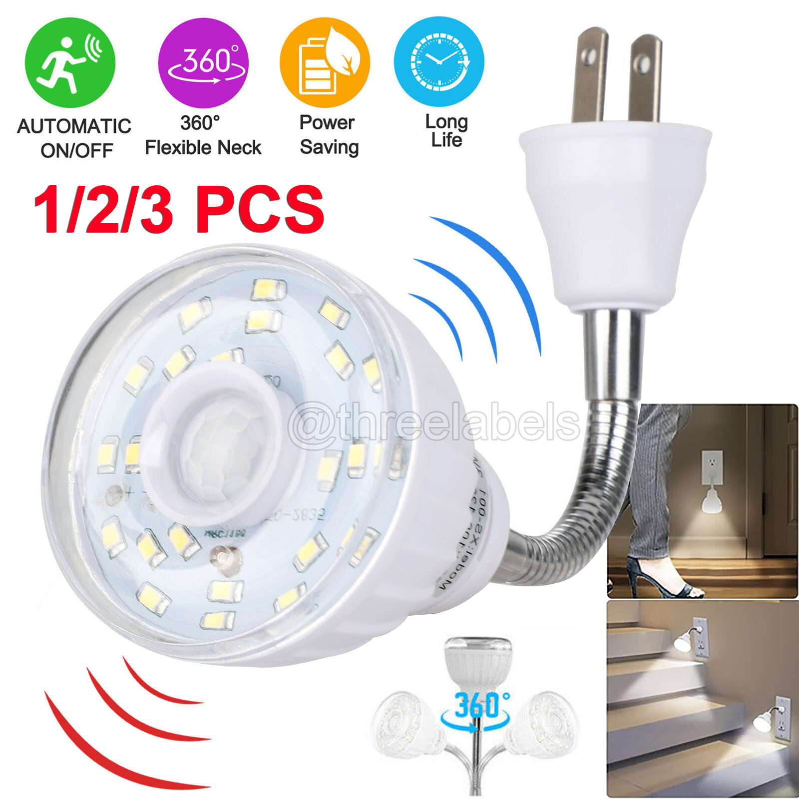 LED Motion-Activated Sensor Night Light Indoor AC Outlet Plug-In Wall Stair Lamp