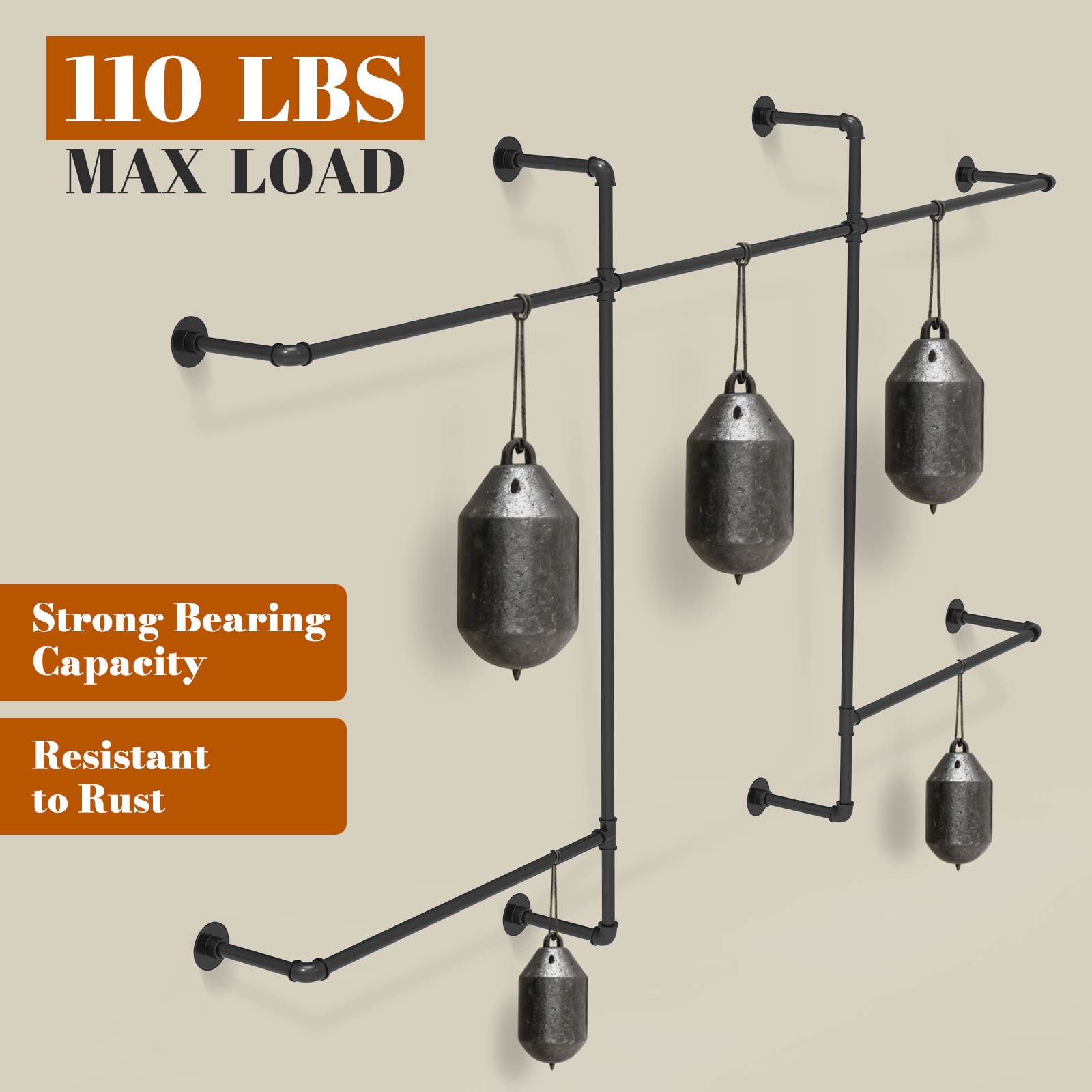 Industrial Pipe Clothing Racks Wall Mounted with 5 Hanging Rods