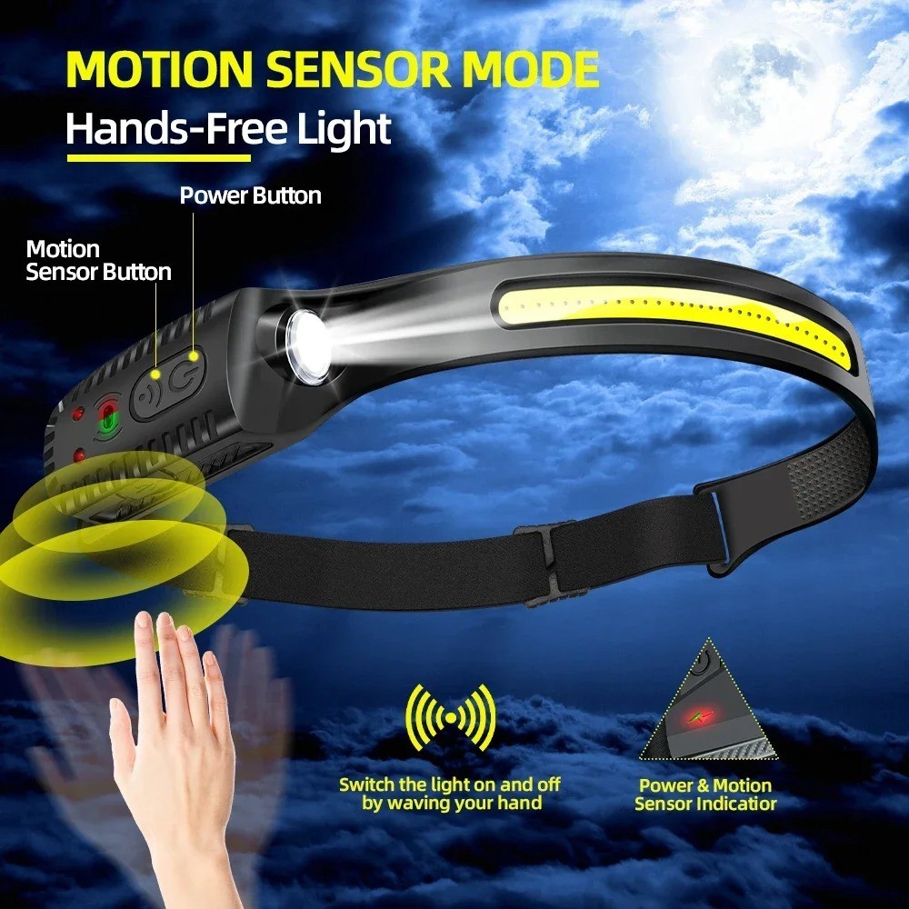 LED Headlamp USB Rechargeable XPE+COB Sensor Head Torch Camping Fishing Light
