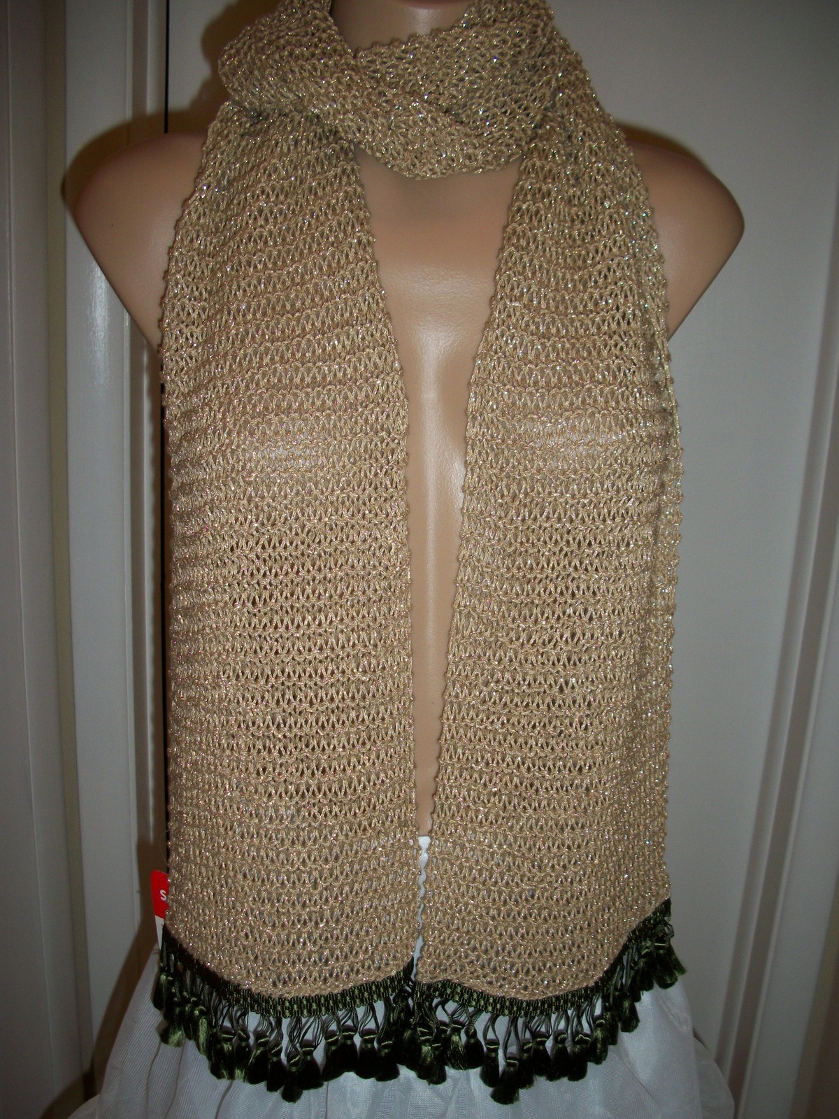 NEW - HAND KNIT CROCHET SHAWL  WRAP  SCARF GOLD W/ TASSEL SIZE 69" x 9" INCHES