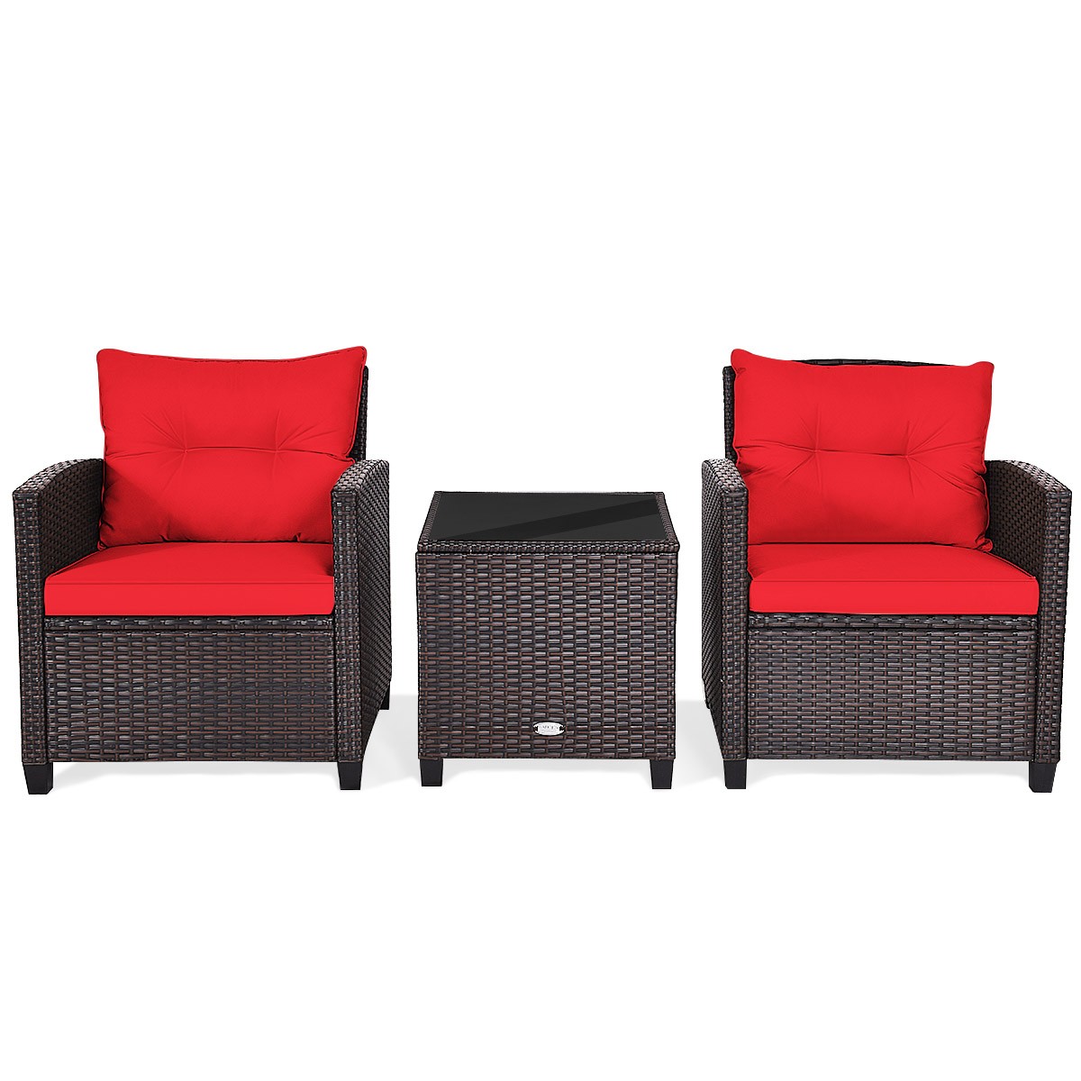 Patiojoy 3PCS Wicker Cushioned Conversation Set Outdoor Rattan Furniture W/ Red