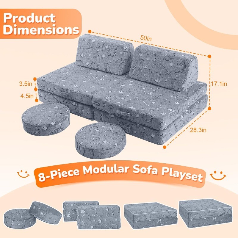 Modular Kids Couch, 8-Piece Toddler Couch Play Couch Kids Sofa Set
