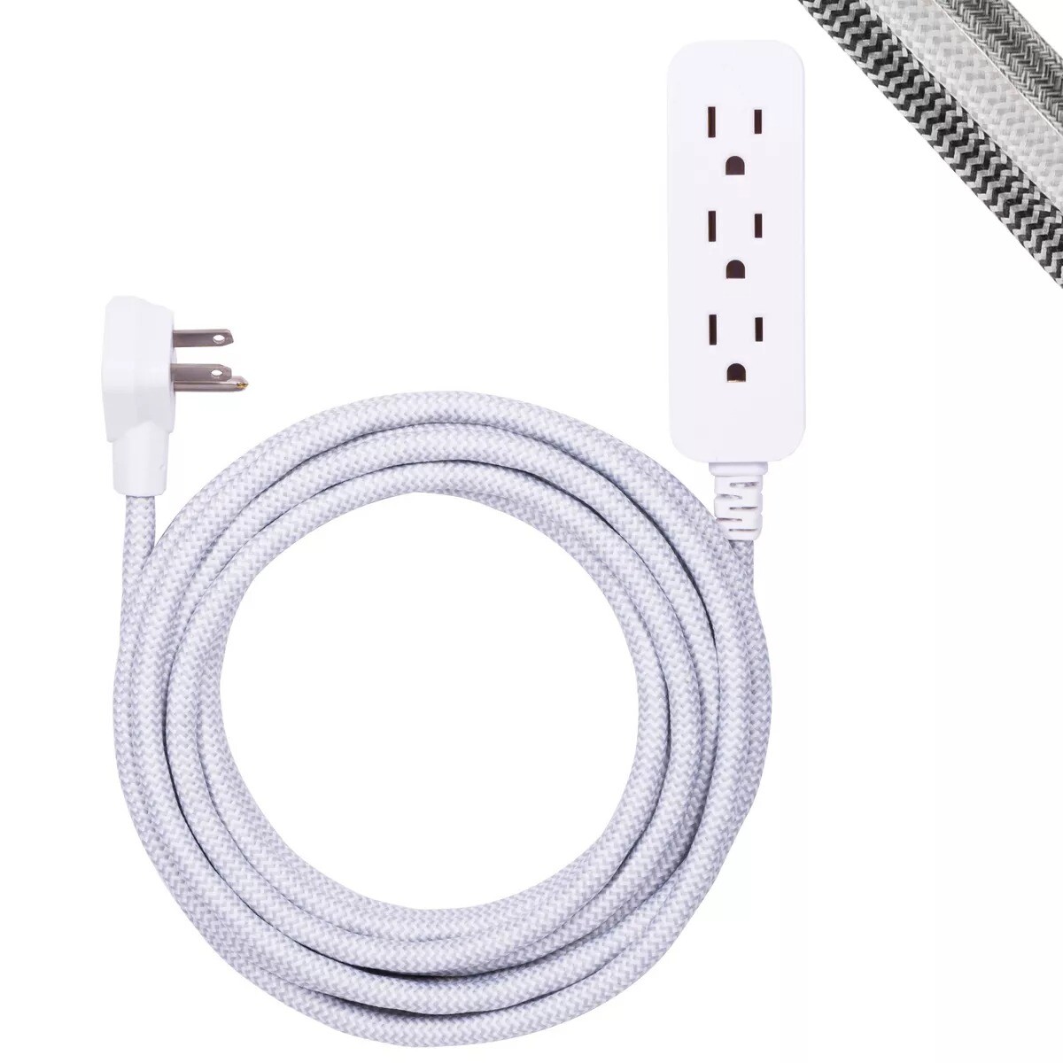 Grounded Extension Cord 15' Braided Cord Gray/White: 16 AWG, 13 Amps, 15 ft