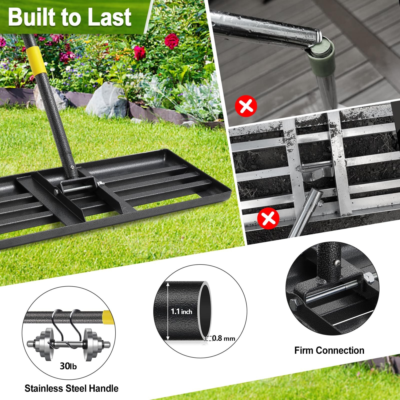 Lawn Leveling Rake, 30"x10" Levelawn Tool, 5FT Adjustable Handle Leveling Too...