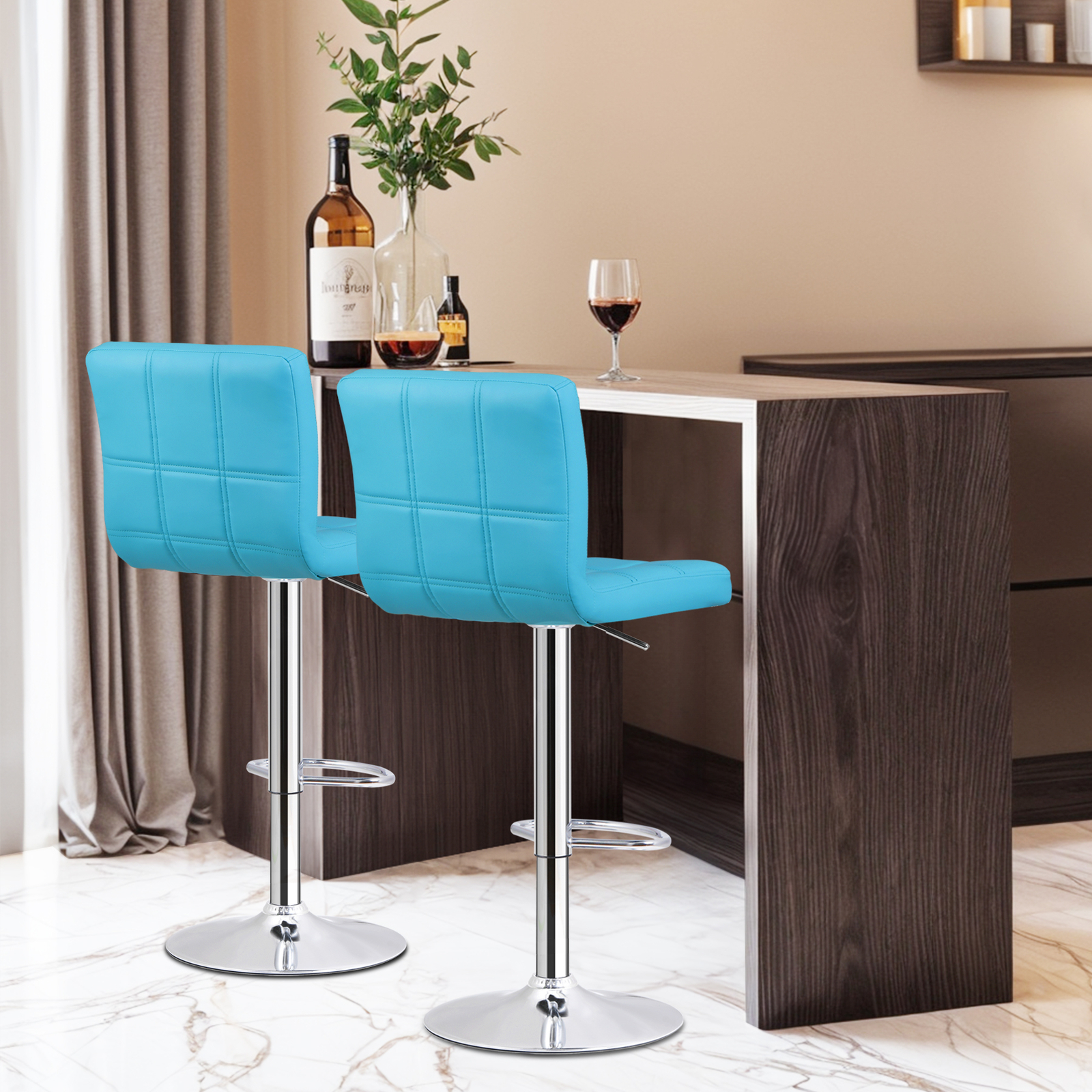 2PCS Bar Stools Blue PU Leather Height Adjustable Swivel Barstools Armless
