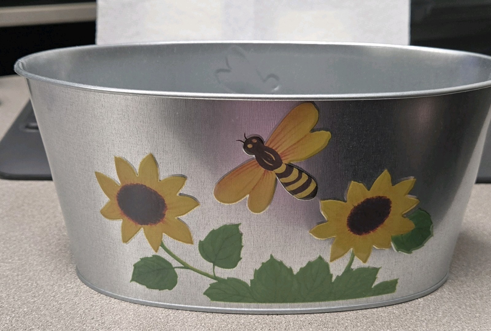 Oval Tin Basket with Flowers and Dragonfly Design Metal