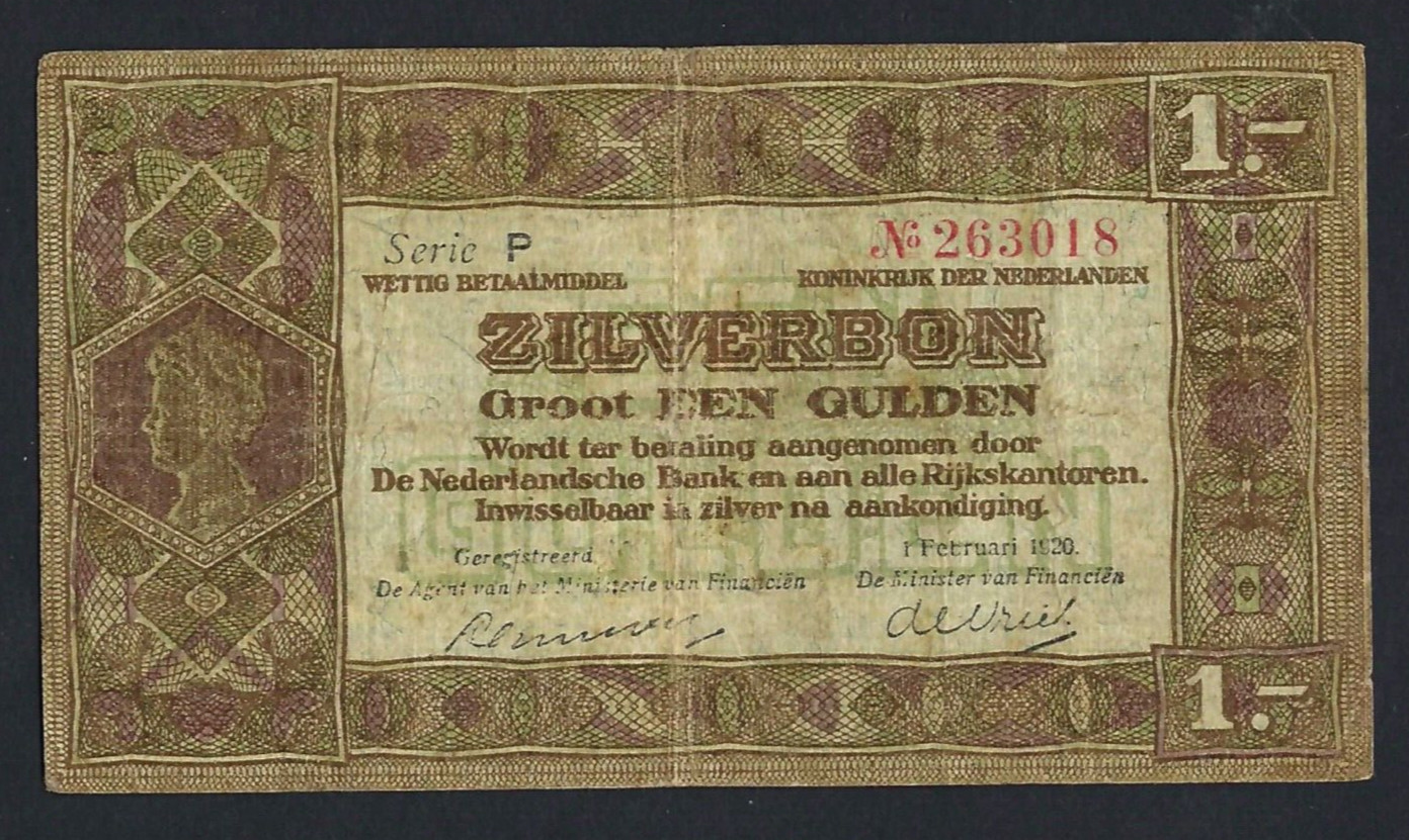 🇳🇱 NETHERLANDS, NETHERLANDS 1 GULDEN SILVERBON 01-02-1920 P15 1920 RARE