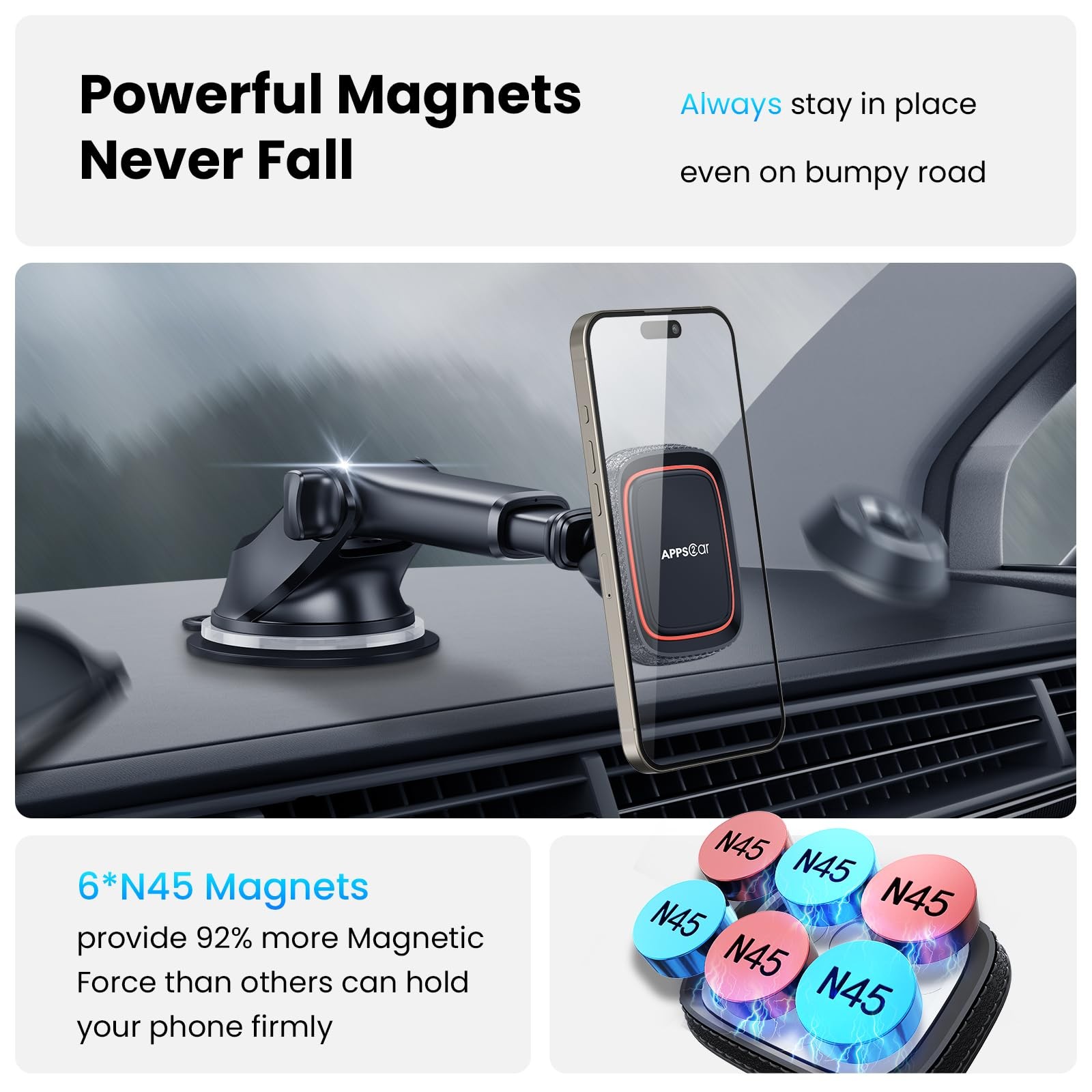 APPS2Car Magnetic Phone Mount for Car, Dashboard & Windshield Suction Cup Holder