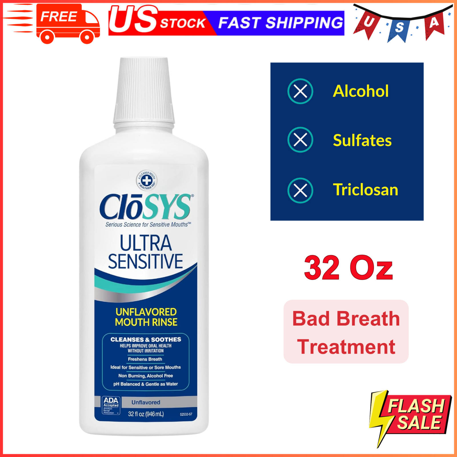 CloSYS Ultra Sensitive Mouthwash, Unflavored, Soothe Mouth - 32 Oz Alcohol Free