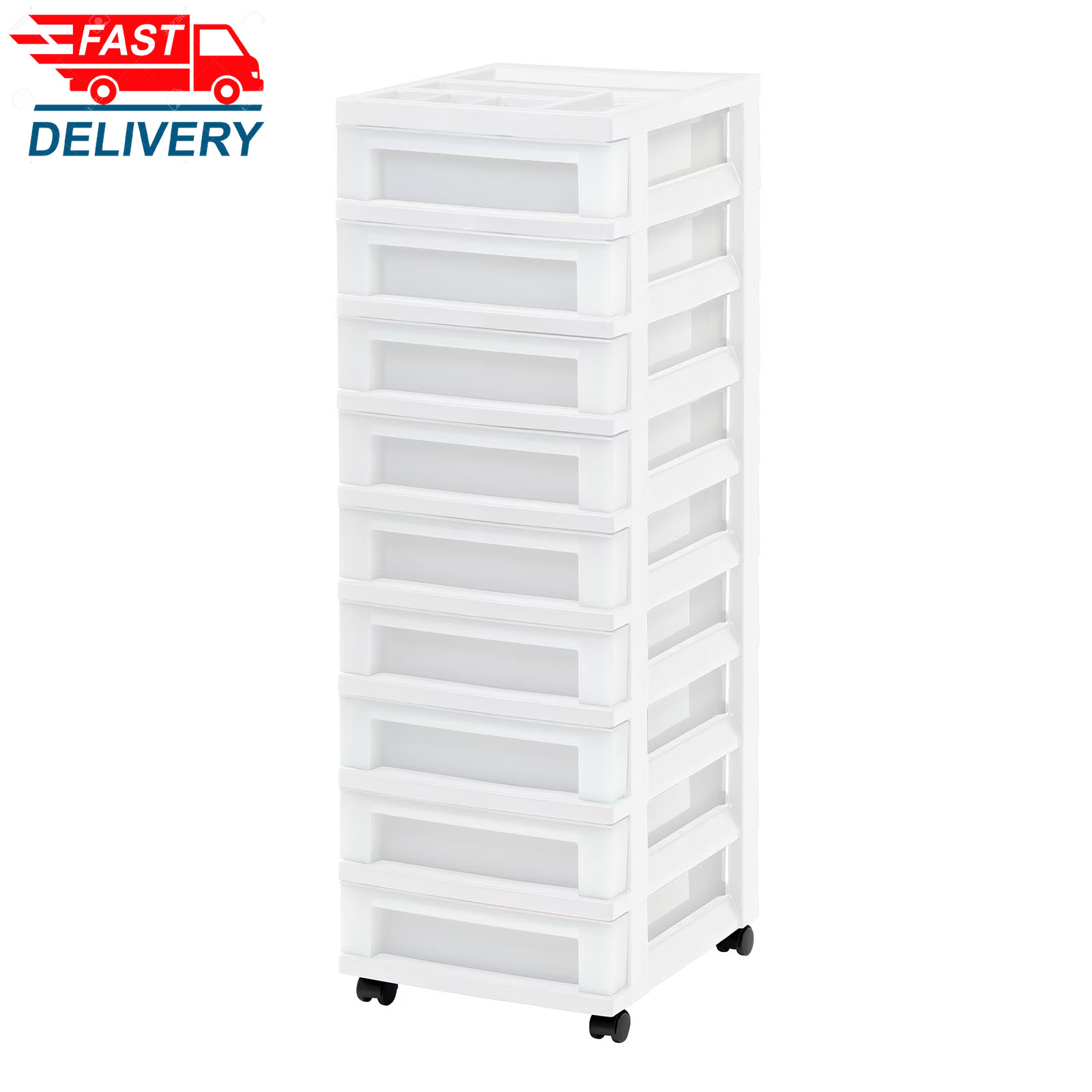 IRIS 9-Drawer Narrow Plastic Storage Drawer Cart with Organizer Top, White