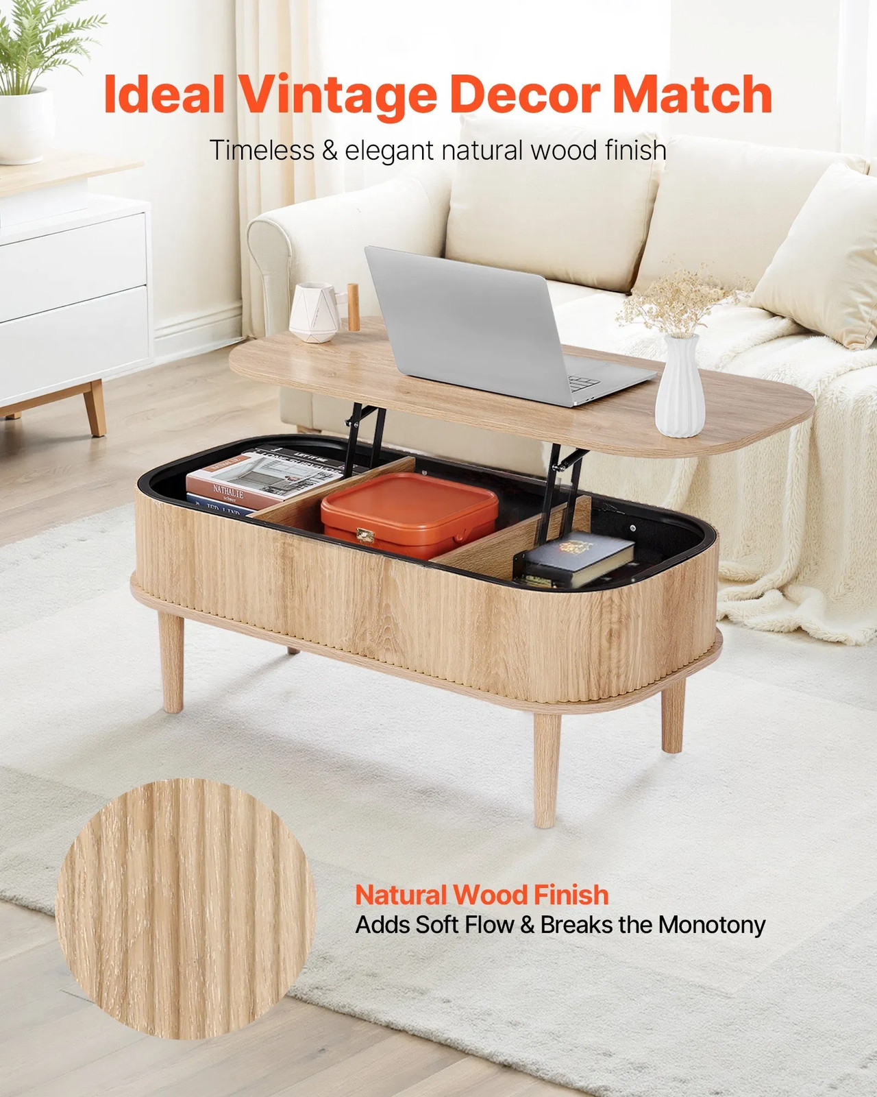 39.4 in Lift Top Coffee Table, Fluted Oval Coffee Table with 3 Hidden Compartmen