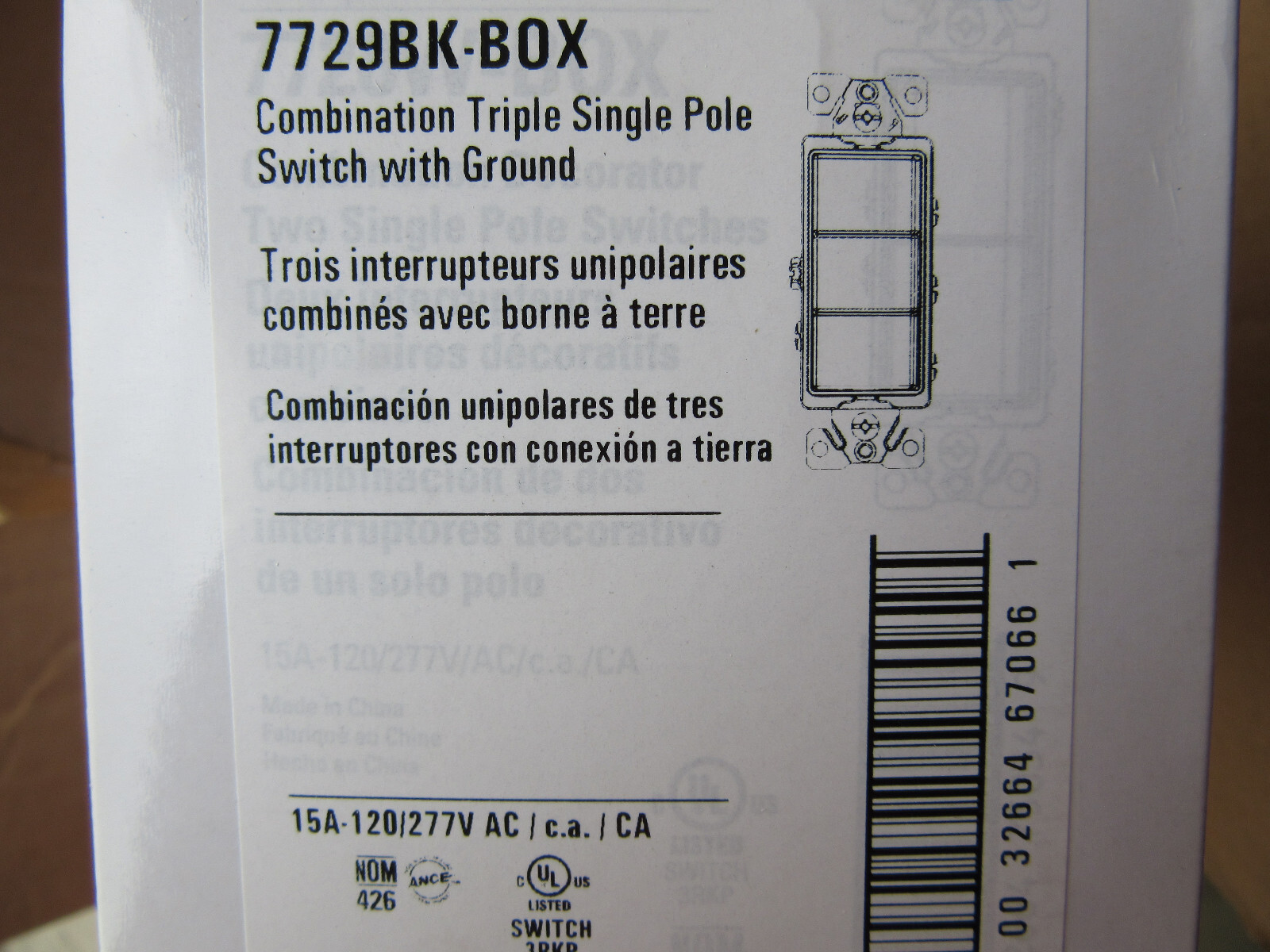 Eaton 7729BK Combination Triple Pole Switch Black 15A 120/277V New in Box