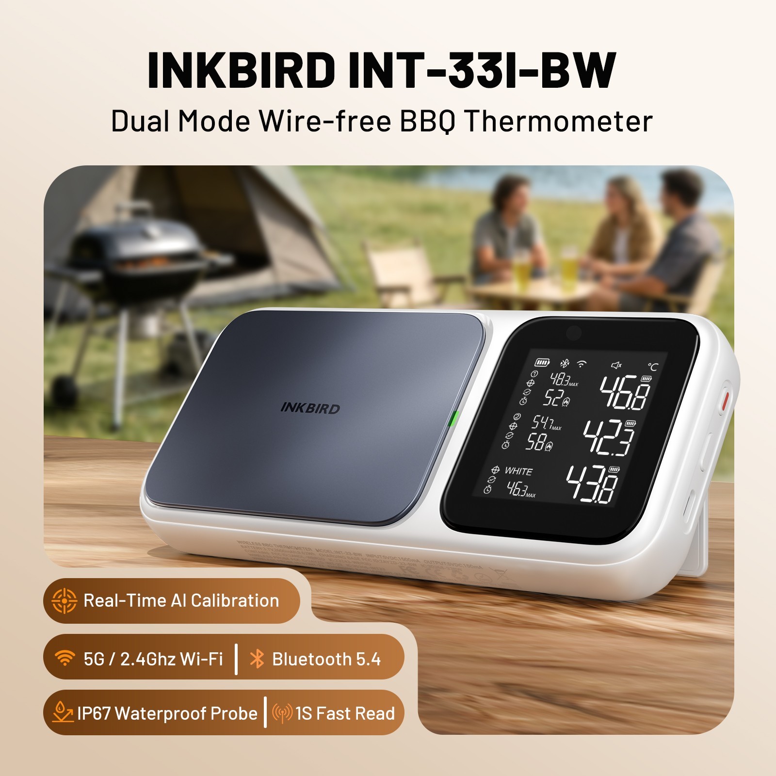 INKBIRD 5G/2.4G Wireless BBQ Thermometer Cooking  AI Calibration Strong Magnetic