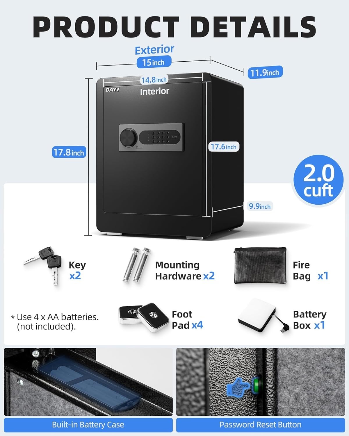 Safe Box, 2.0 Cubic Feet Home Safe with Fireproof Waterproof Bag, Security Sa...