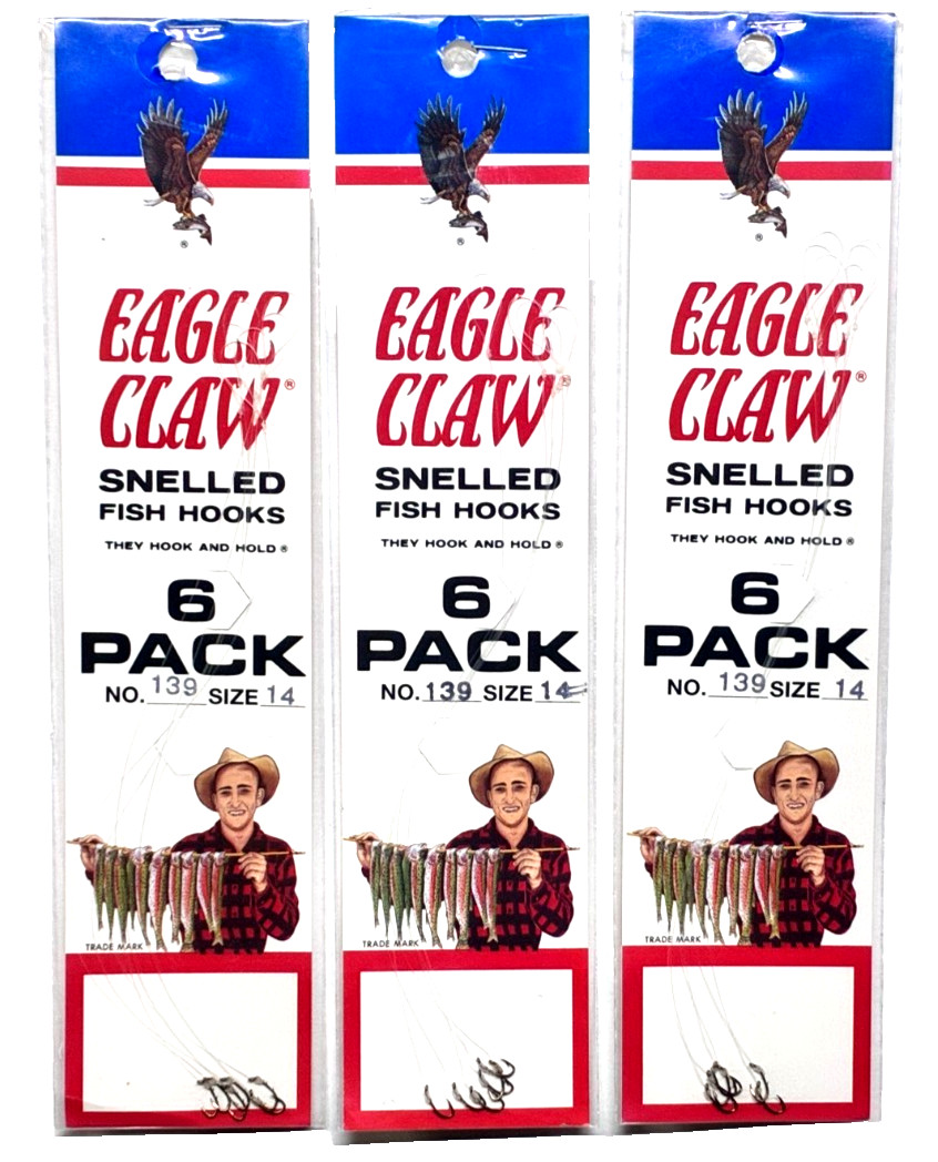 3 PACKS Eagle Claw No. 139 Snelled Baitholder Hook Size 14 Bronze 6-Count Pack